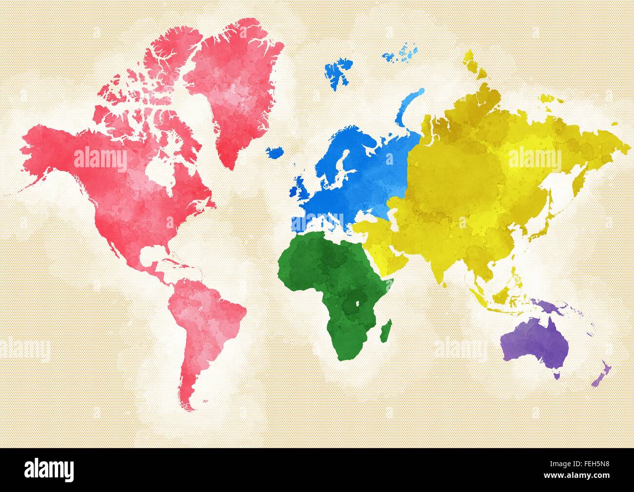Weltkarte, entwickelt illustrierte Pinselstriche, Aufteilung nach Kontinenten Stockfoto