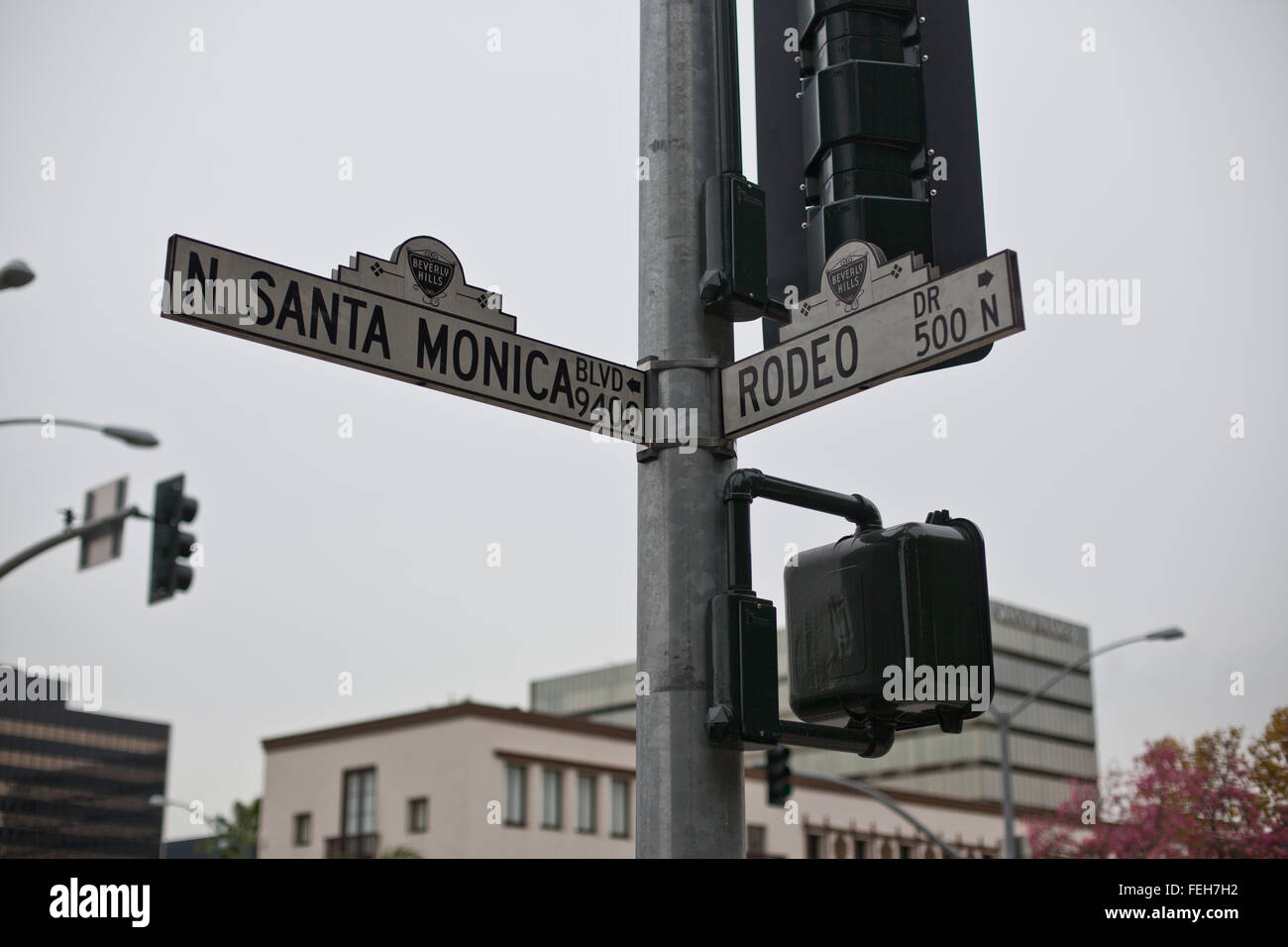 Straßenschild auf N. Santa Monica Blvd zeigt, drehen, Rodeo Drive, Beverly Hills, Kalifornien. Stockfoto