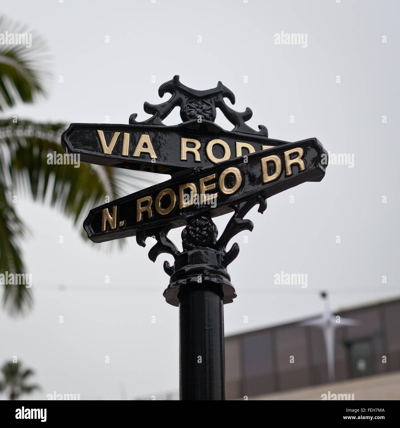 Detail der traditionellen Straßenschild der Rodeo Drive in Beverly Hills, Los Angeles. Stockfoto
