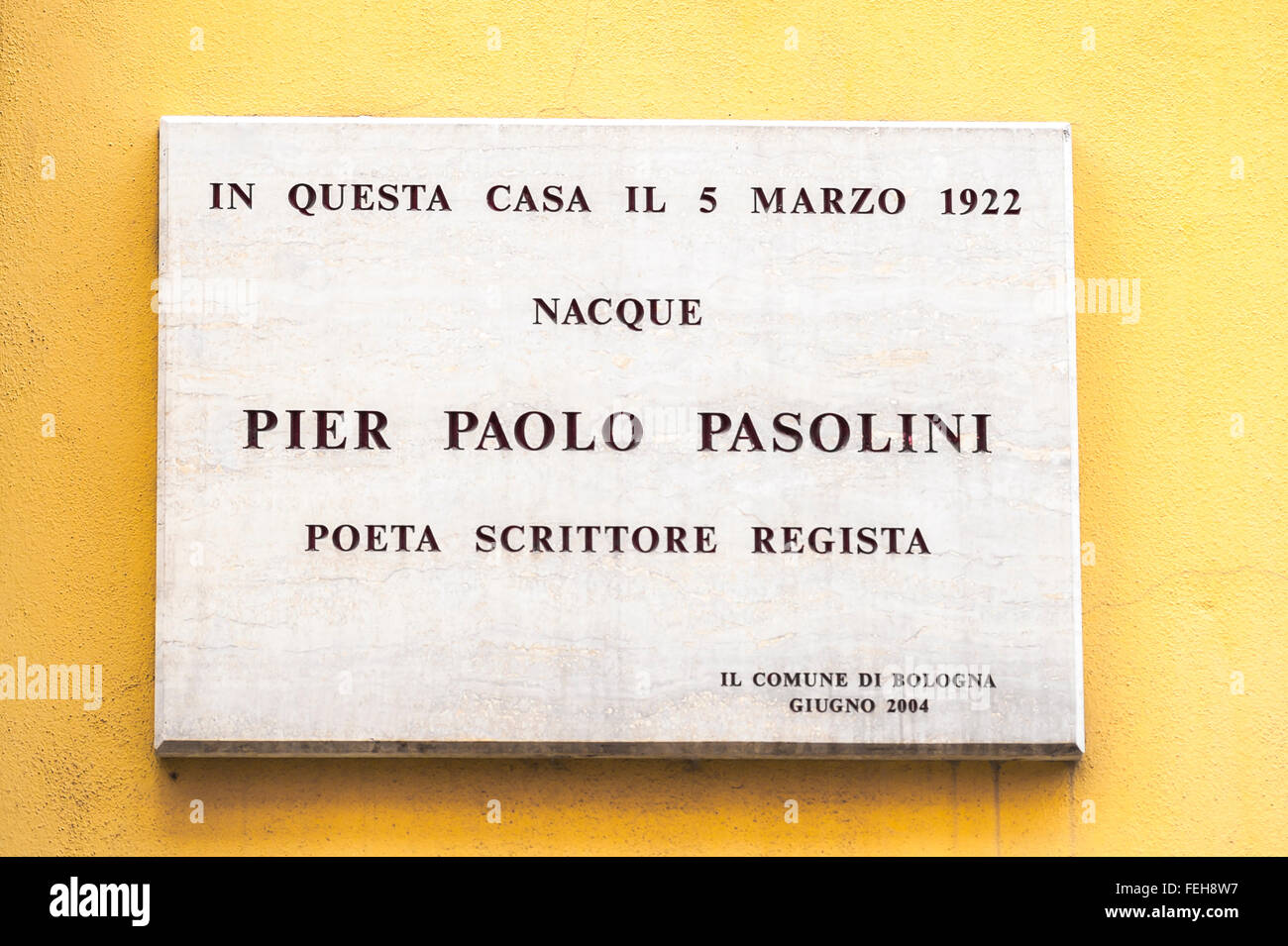 Pasolini Bologna Italien, Ansicht einer Wandtafel in Bologna, die den Geburtsort von Pier Paolo Pasolini, dem renommierten italienischen Regisseur, bezeichnet. Stockfoto