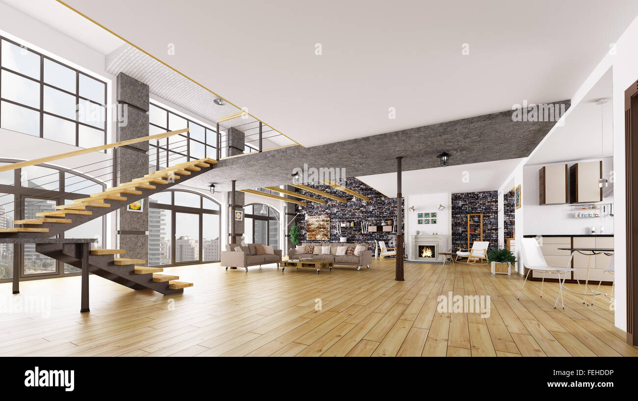 Loft Apartment Innenraum, Wohnzimmer, Küche, Treppenhaus, 3D-Rendering Stockfoto