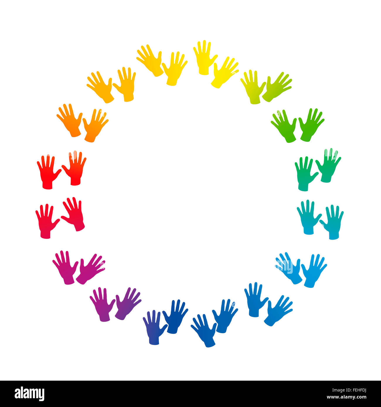 Hände - Regenbogen farbige Kreis Rahmen. Abbildung auf weißem Hintergrund. Stockfoto