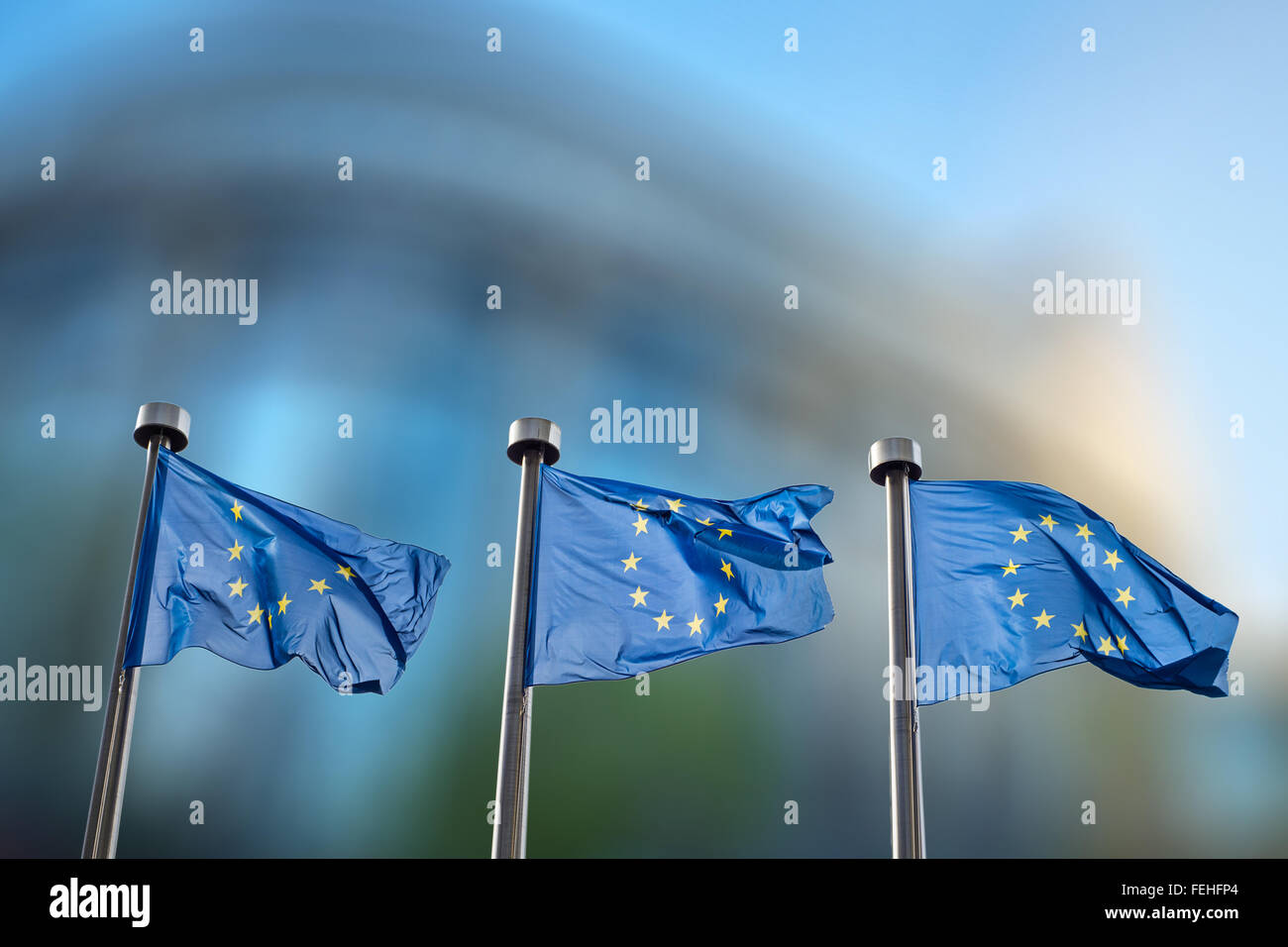 Europäische Union Flaggen gegen das Europäische Parlament Stockfoto