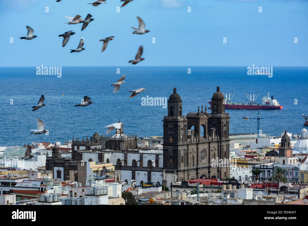 Kathedrale von Santa Ana (heilige Kathedrale-Basilika der Kanarischen Inseln) in Las Palmas von einem Hügel aus gesehen Stockfoto