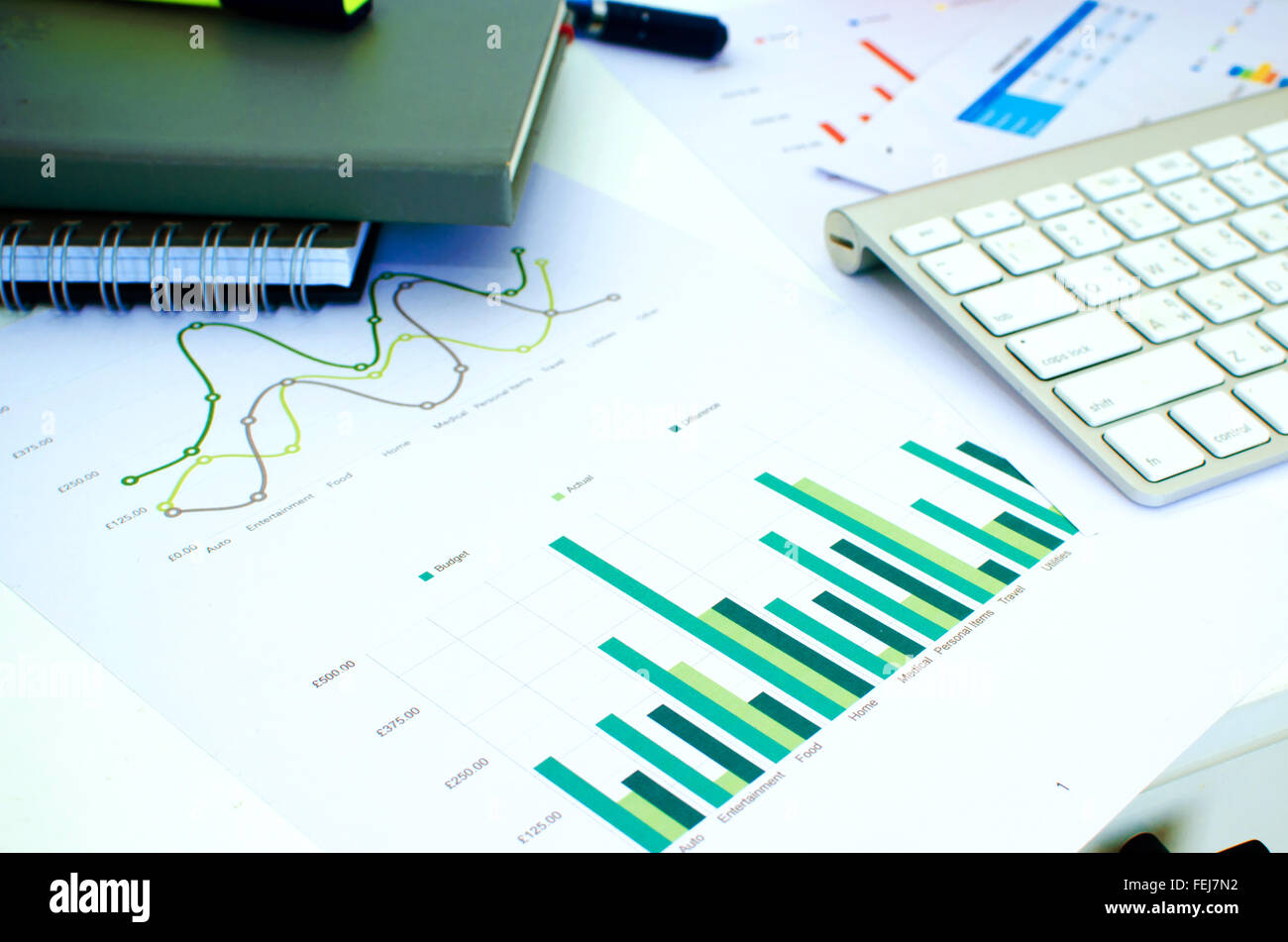 Laptop und Stift mit Business Diagramme, Grafiken, Statistiken und Dokumente Stockfoto