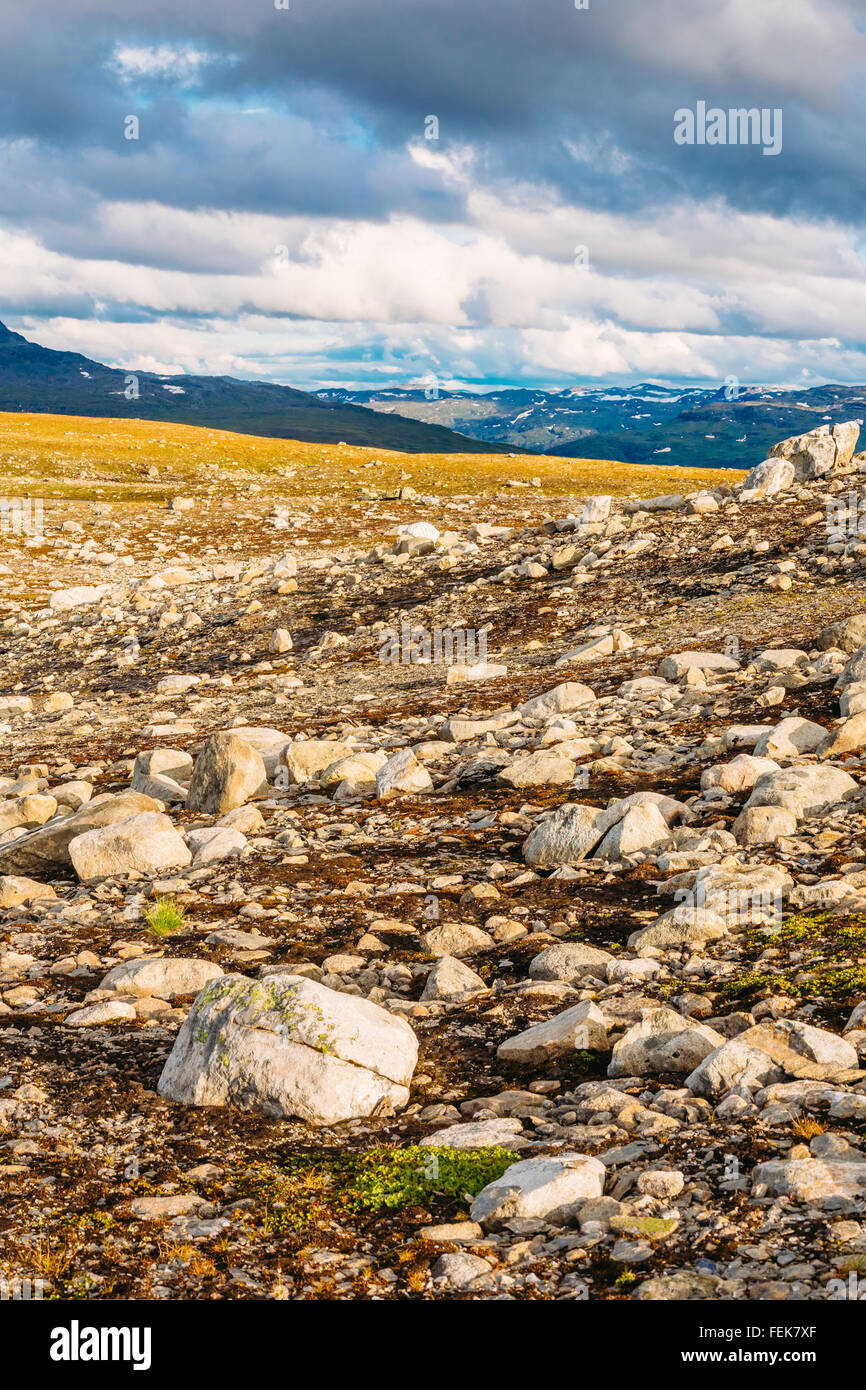 Norwegens Natur Landschaft Panorama. Norwegische Gebirge unter sonnigen blauen Himmel Stockfoto