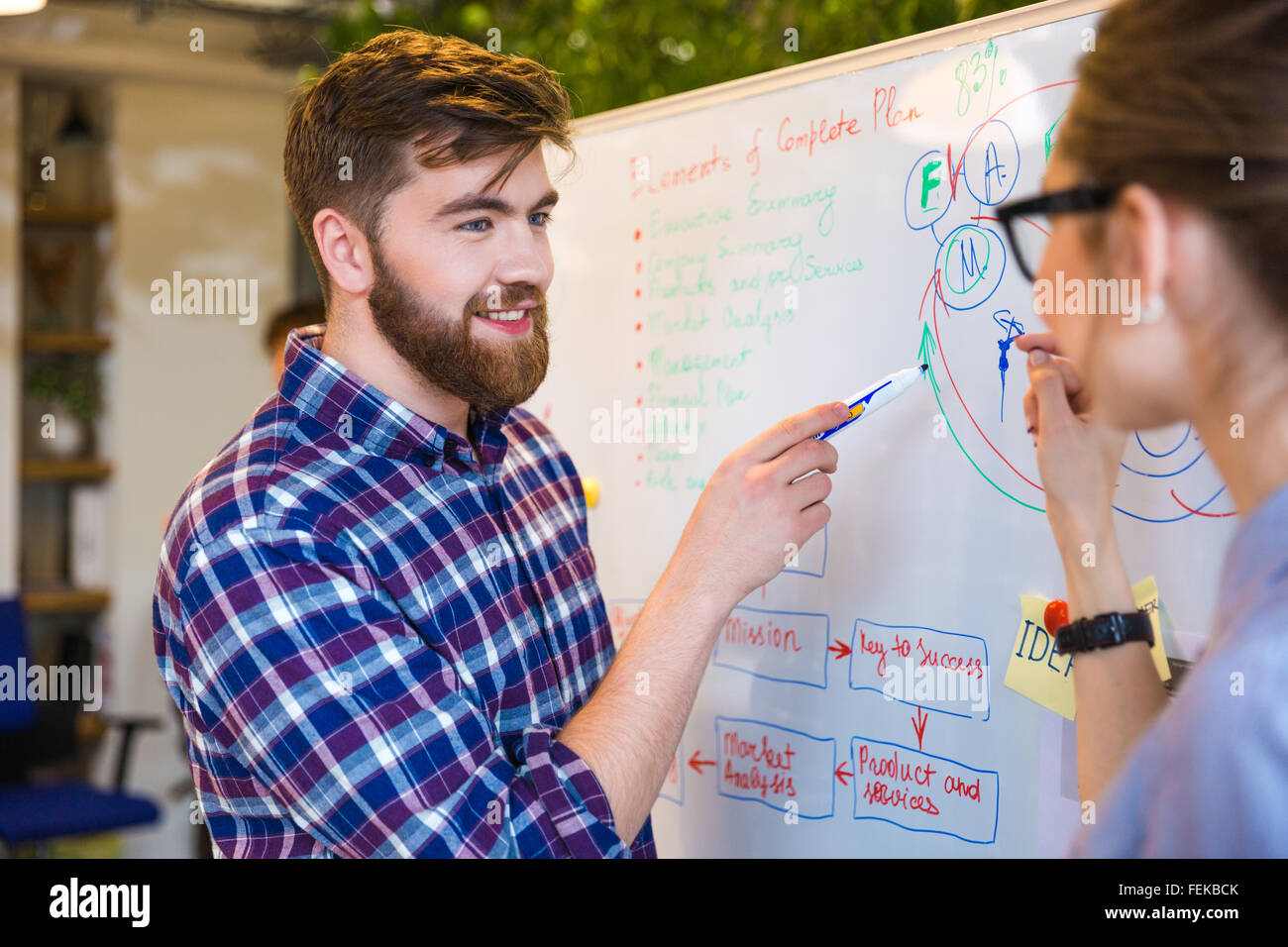 Zwei Jugendliche diskutieren über Business plan im Büro Stockfoto