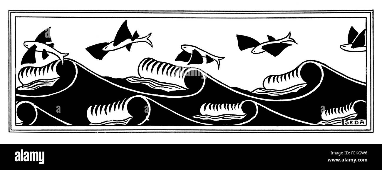 fliegende Fische Motiv Designwettbewerb von amerikanischen Künstlers Alfred de Sauty, Linie Illustration aus dem Jahr 1897 das Studio Magazin Stockfoto