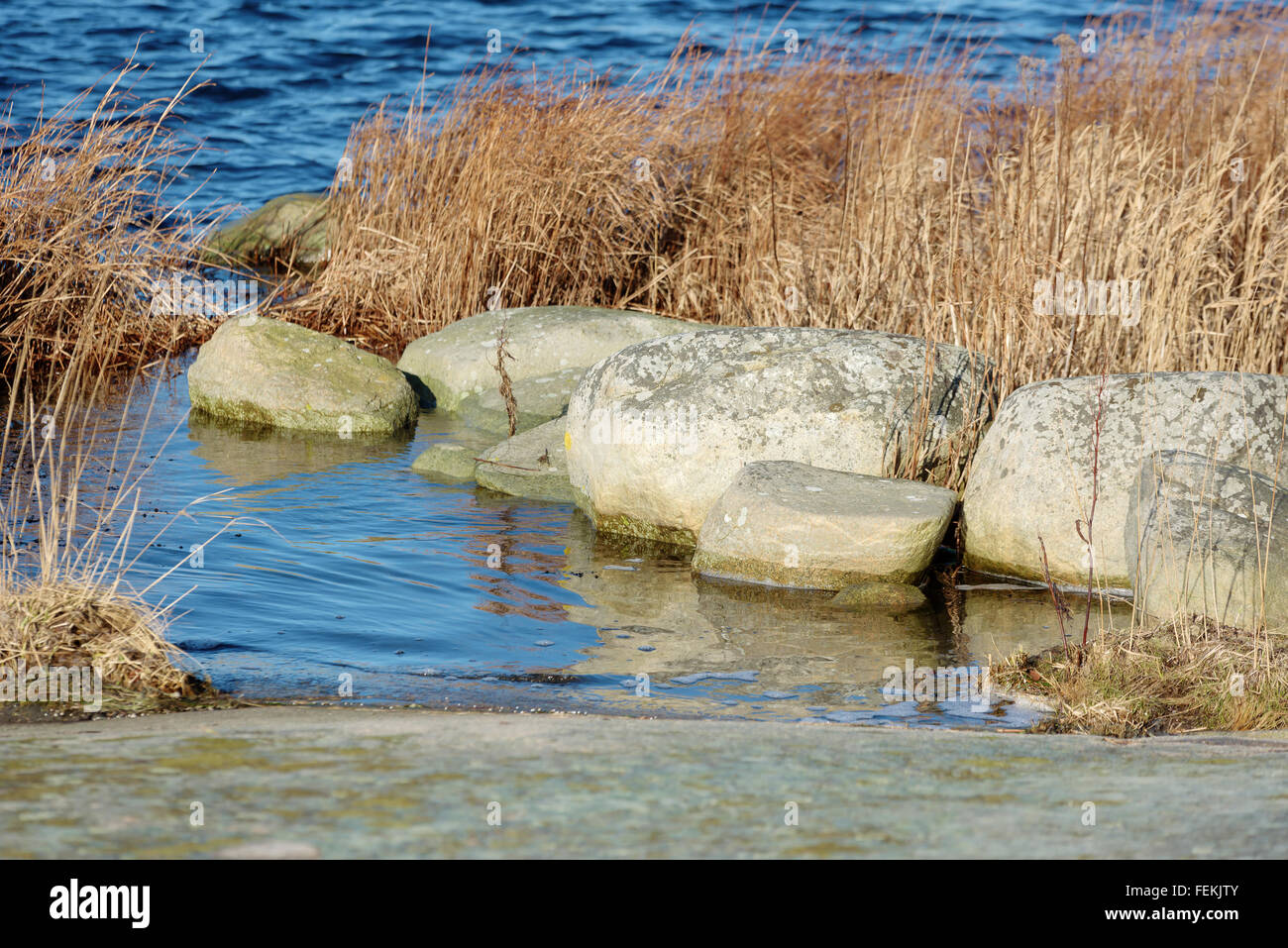 Granitfelsen und einige trockene Rasen in der schwedischen Küste des baltischen Meeres. Stockfoto