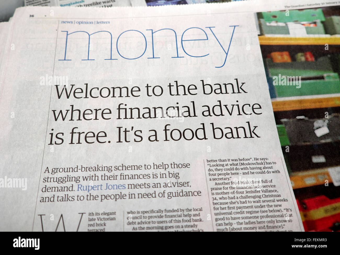 Vormund Geld Zeitungsartikel.  "Willkommen bei der Bank, wo finanzielle Beratung kostenlos ist.  Es ist ein Lebensmittelbank "Januar 2016 Stockfoto