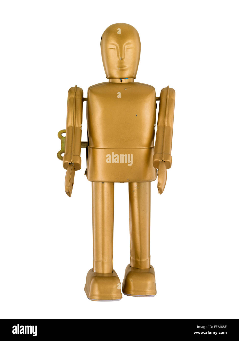 Gold Vintage Retro Roboter isoliert auf weißem Stockfoto