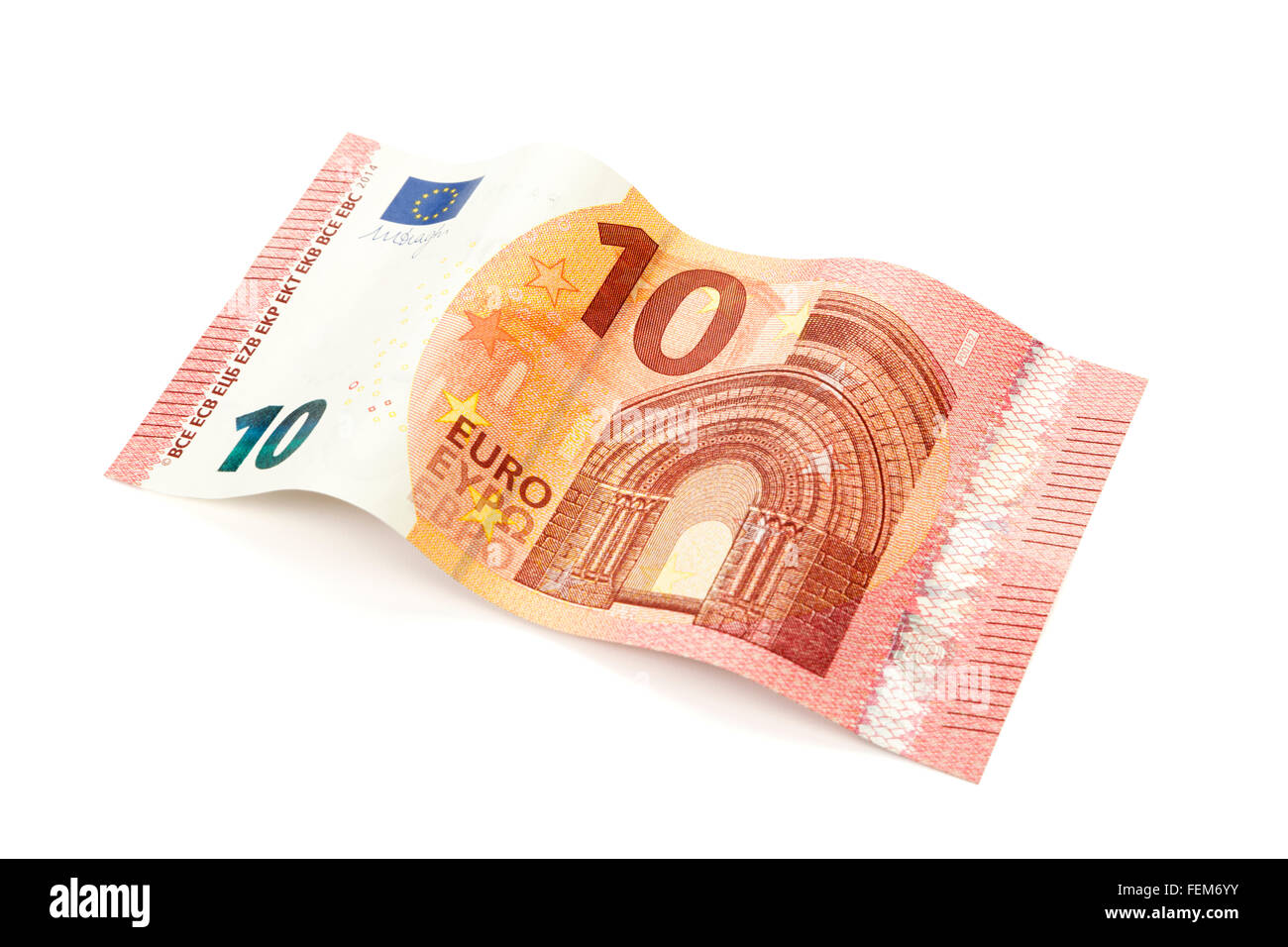 Neue 10 Euro Rechnung ausgestellt im Jahr 2014 in Wellenform auf weißem Hintergrund angelegt Stockfoto
