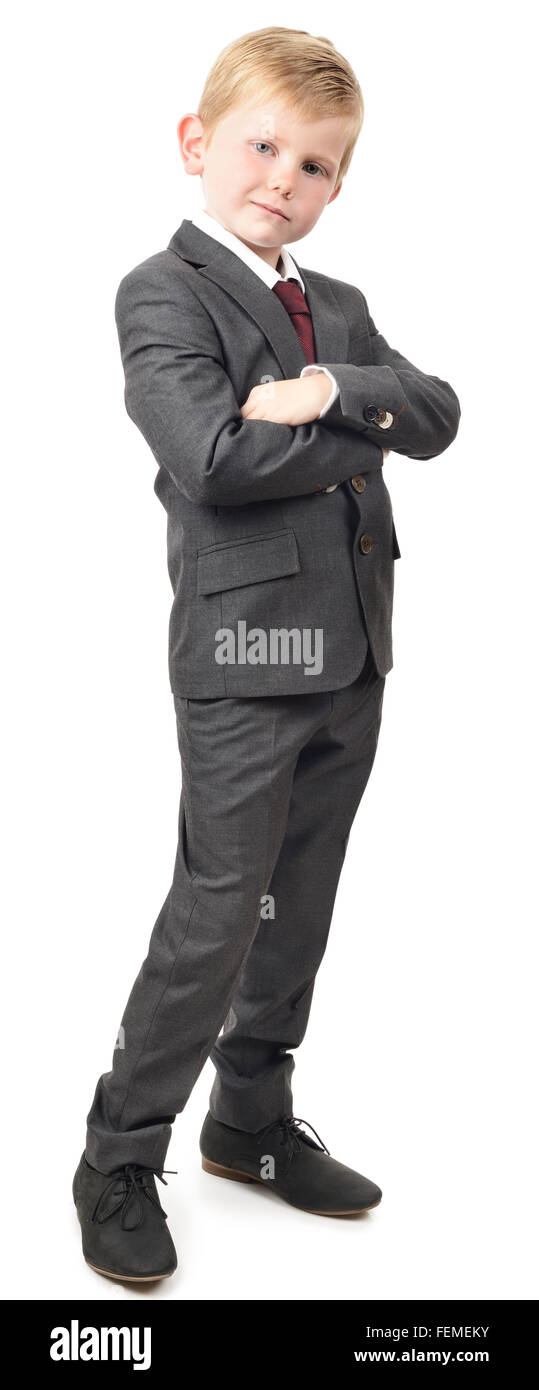 Ein Porträt von ein hübscher Junge in Greysuit auf dem weißen Hintergrund Stockfoto