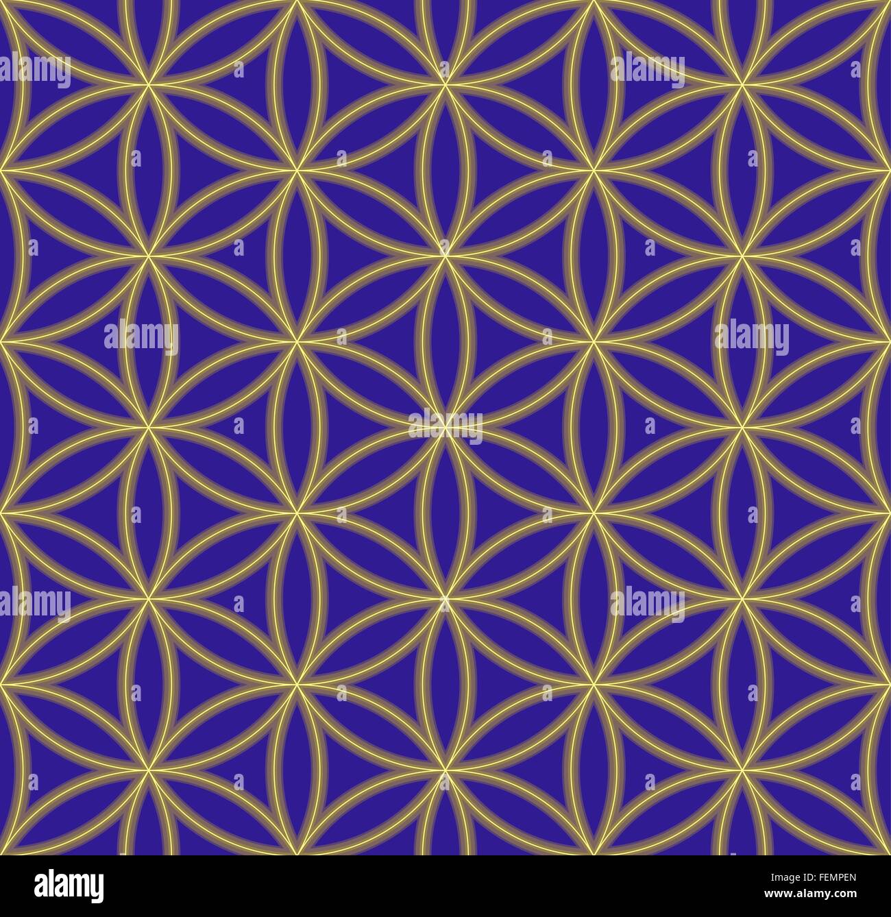 Vektor Goldfarbe Hinduismus Heilige Geometrie Blume des Lebens Musterdesign blauen Hintergrund Stock Vektor