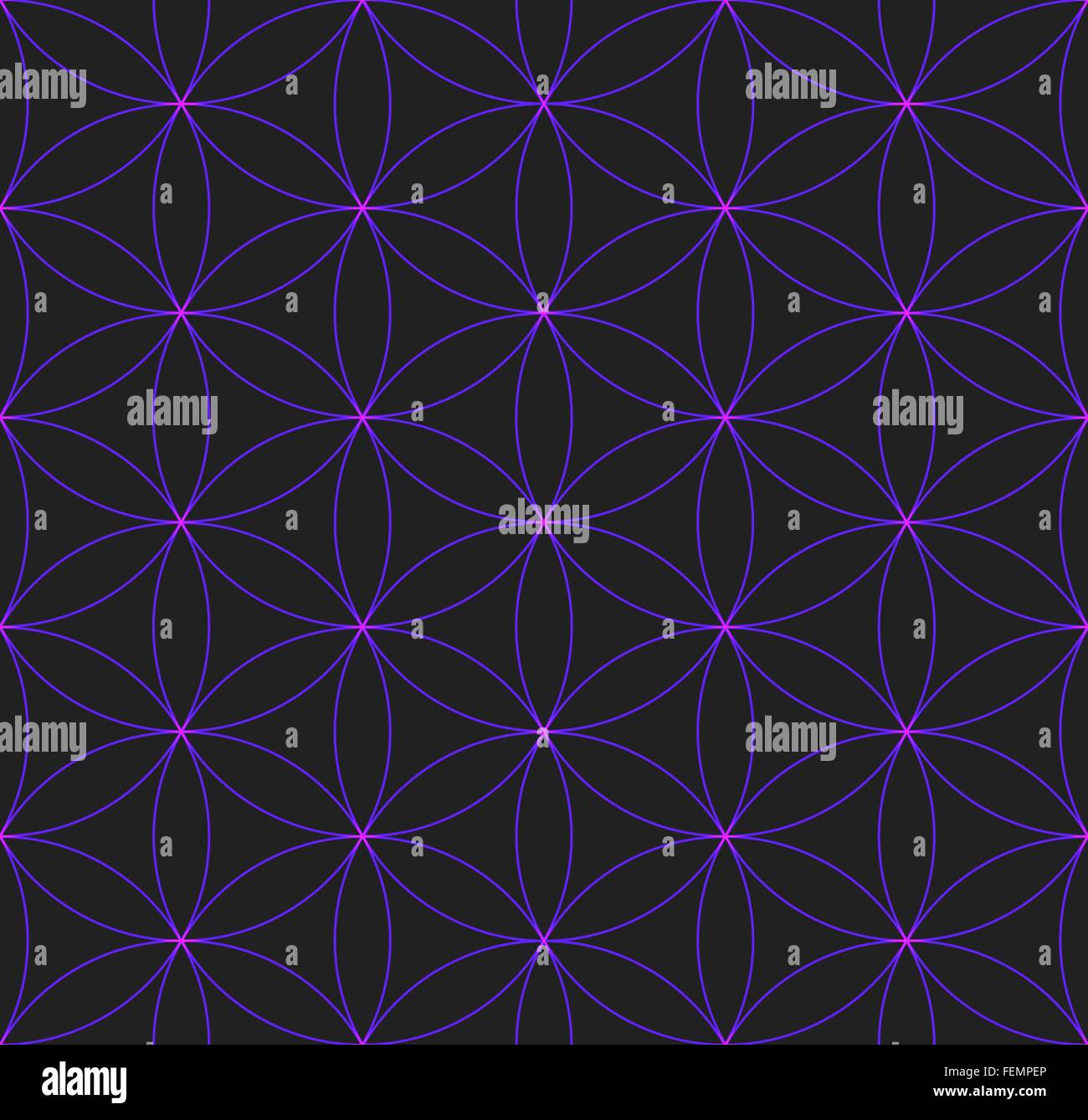 Vektor-violett glänzende Farbe Hinduismus Heilige Geometrie Blume des Lebens Musterdesign dunklen Hintergrund Stock Vektor