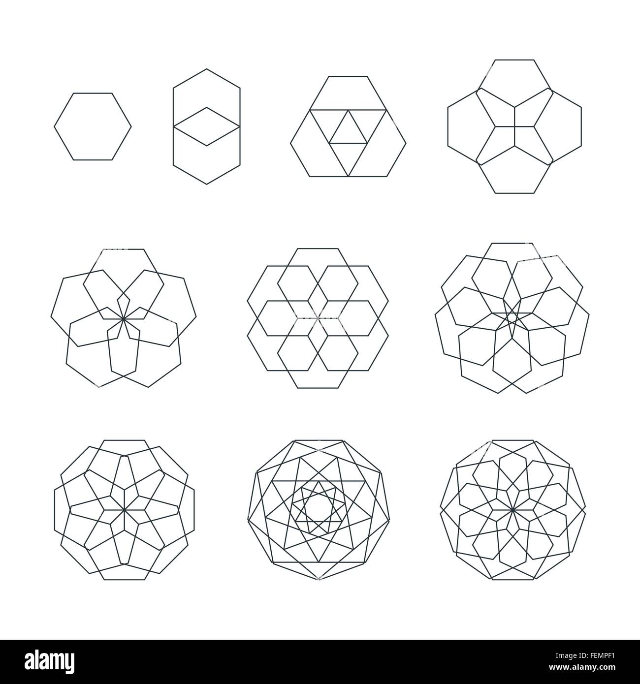 Vektor-Sechseck schwarzen Umriss monochrome Varianten Heilige Geometrie Dekoration Elemente isoliert Sammlung weißer Hintergrund Stock Vektor