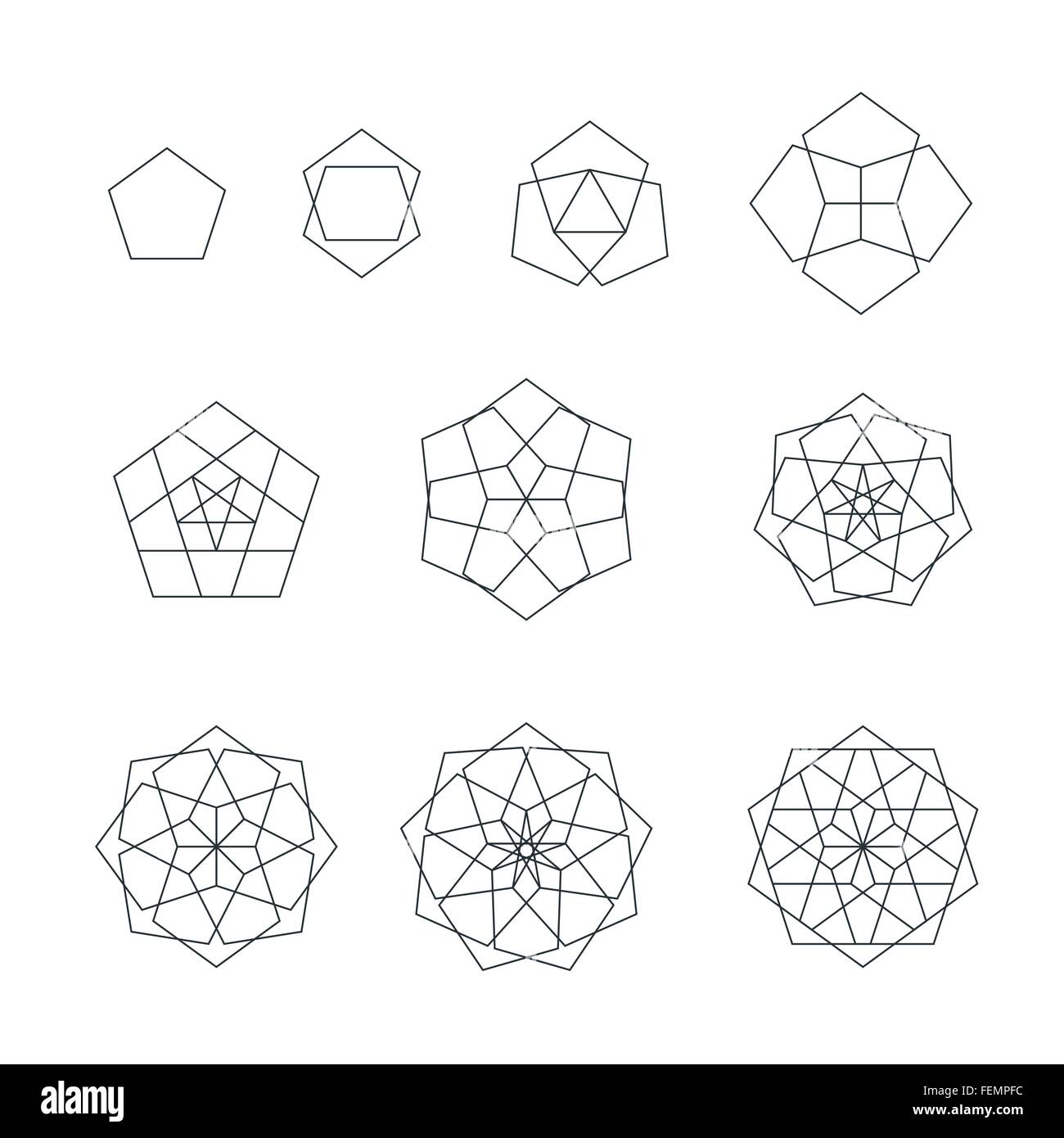 Vektor-Pentagon schwarzen Umriss monochrome Varianten Heilige Geometrie Dekoration Elemente isoliert Sammlung weißer Hintergrund Stock Vektor