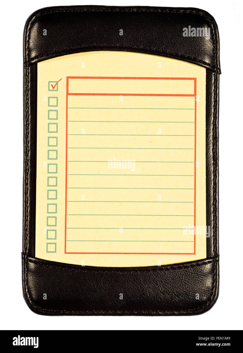 To Do-Liste In schwarzem Leder Folio XXXL gelb Stockfoto