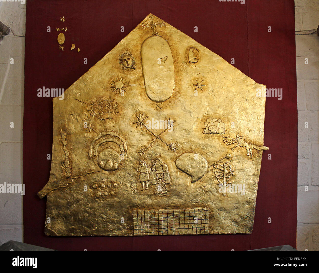 Die goldene Plakette stellt die Kulte der Tempel von Qoricancha während Inka Zeiten Stockfoto