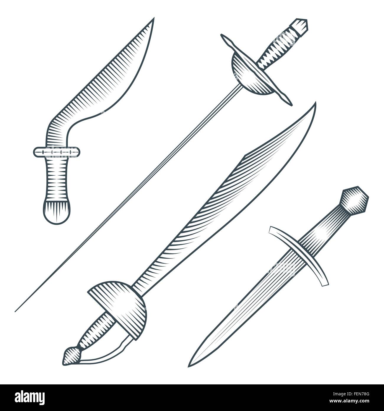 Vektor schwarze Farbe mittelalterlichen Piraten Schwert Dolch Dirk Gravur Stil Abbildung festlegen weißen Hintergrund Stock Vektor