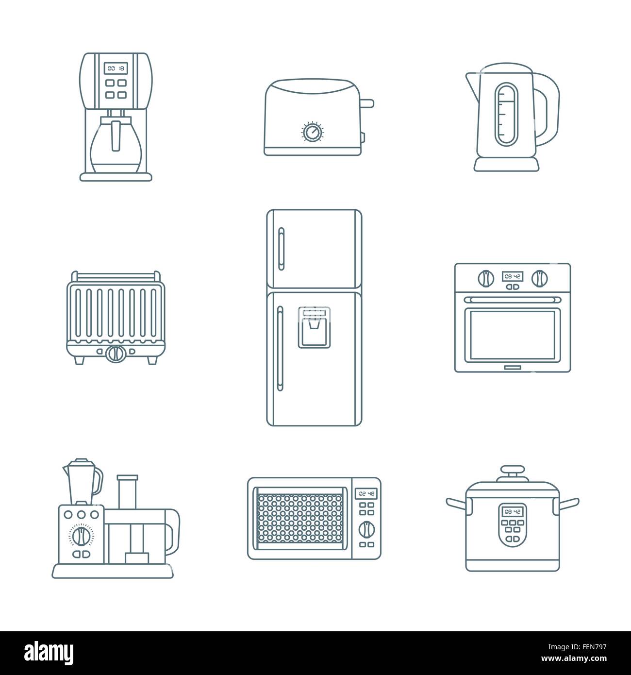 Vektor-grauer Farbe Kontur setzen verschiedene Küche Elektrogeräte Geräte Symbole Stock Vektor