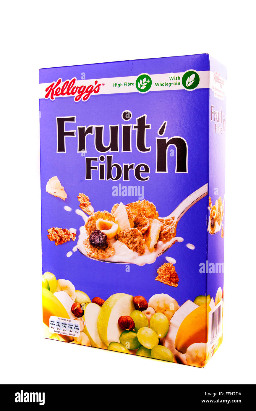 Fruit 'n Fiber Frühstück Müsli Kellogg's Marke Box Box Faser Produkt Ausschnitt geschnitten weißen Hintergrund isoliert, Obst und Faser, Kellogs Fruchtfaser Stockfoto