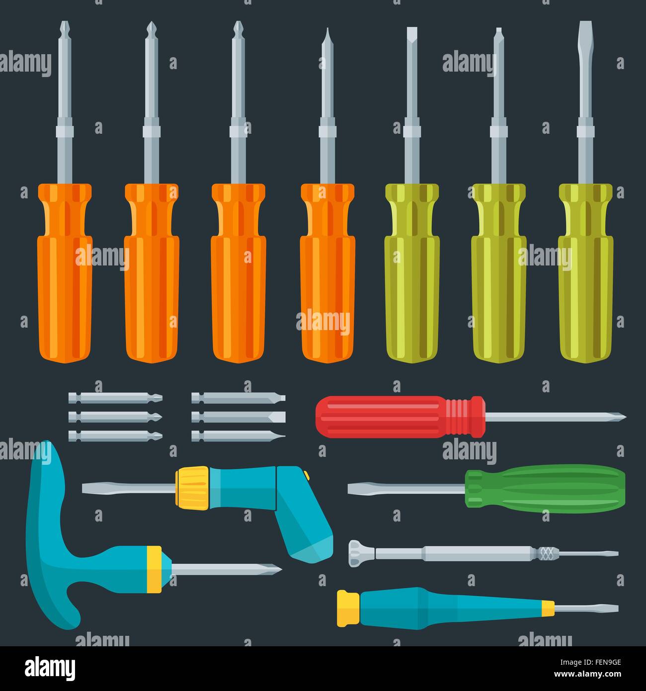 Vektor, verschiedene Schraubendreher flach Stil festlegen Stock Vektor