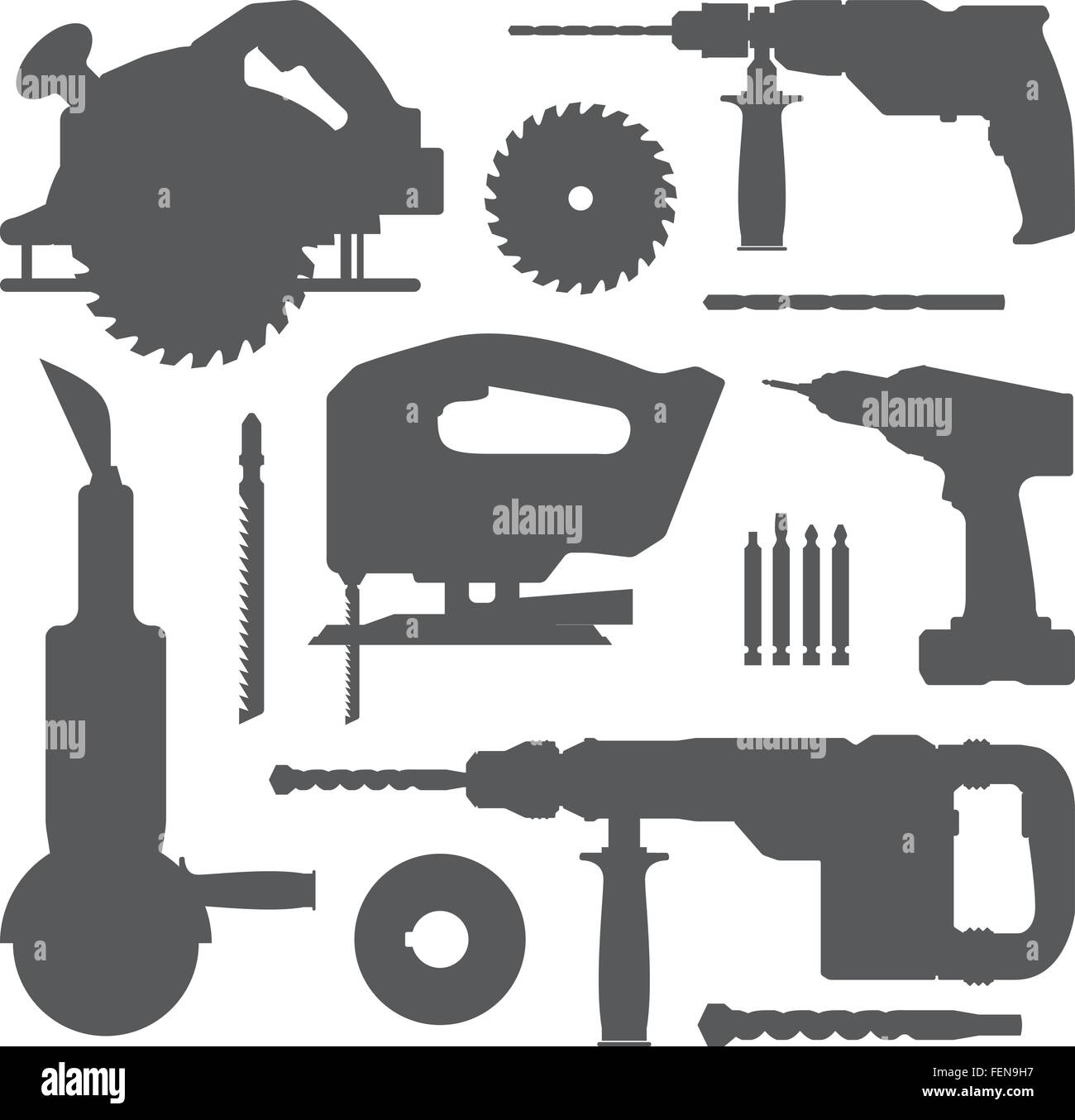 Haus renovieren elektrische Instrumente mit Ersatzklinge Bohren grauen Silhouette Satz Stock Vektor
