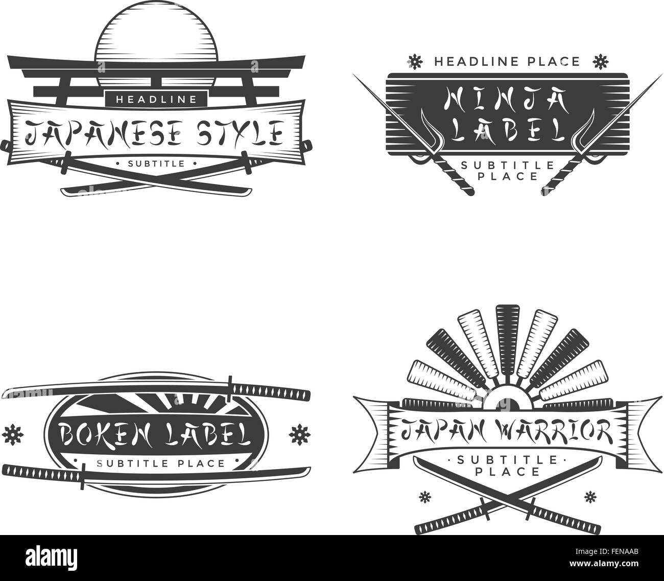 Satz von Vektor monochrome Japan Stil Banner und Logos mit kalten Waffen Stock Vektor