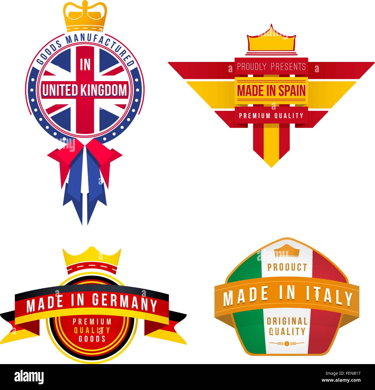 Satz von Vektor-Grafiken hergestellt in Großbritannien Deutschland Spanien Italien Abzeichen Stock Vektor