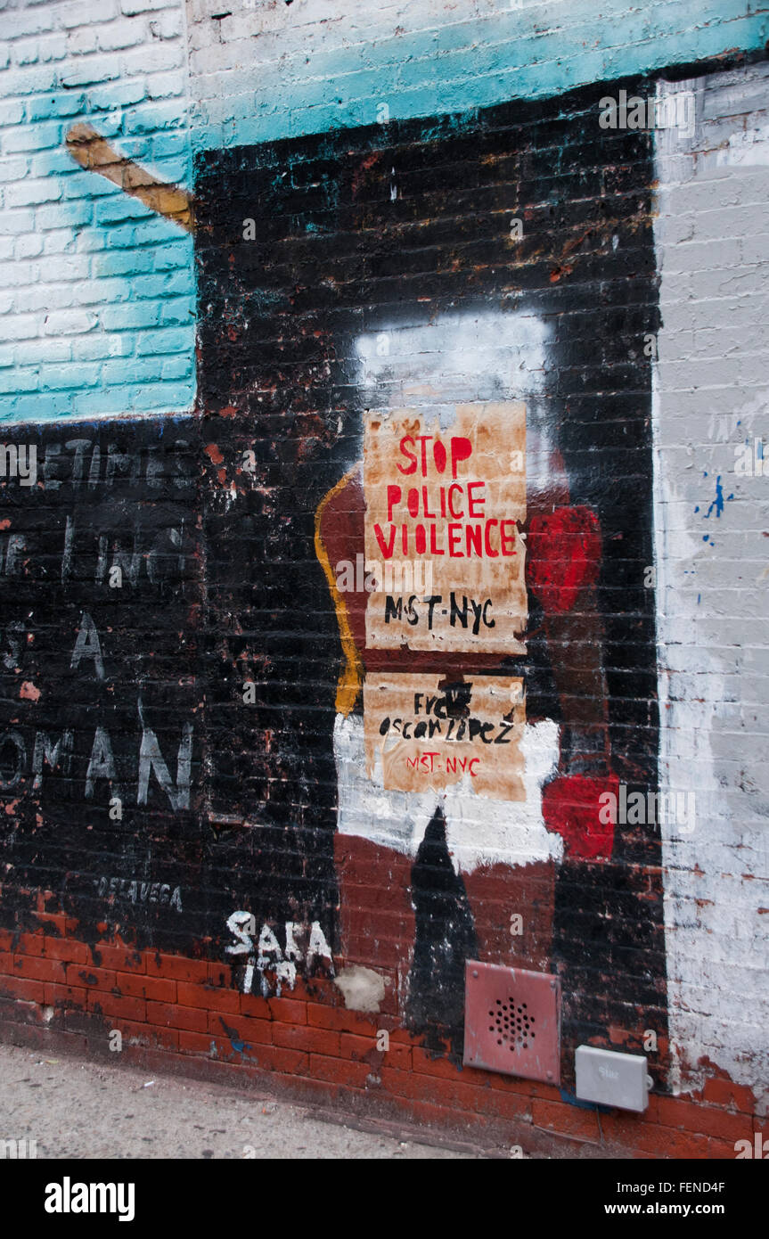 Polizei Gewalt Straßenkunst Graffiti Harlem New York City zu stoppen Stockfoto