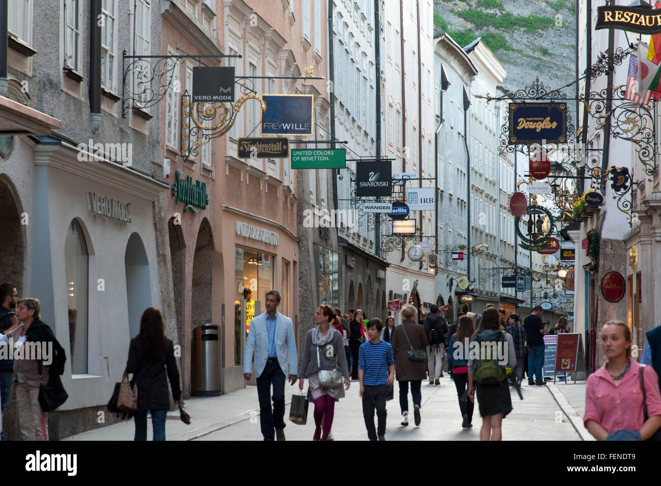 Getreidegasse, das historische Zentrum der Stadt Salzburg, ein UNESCO-Weltkulturerbe, Österreich Stockfoto