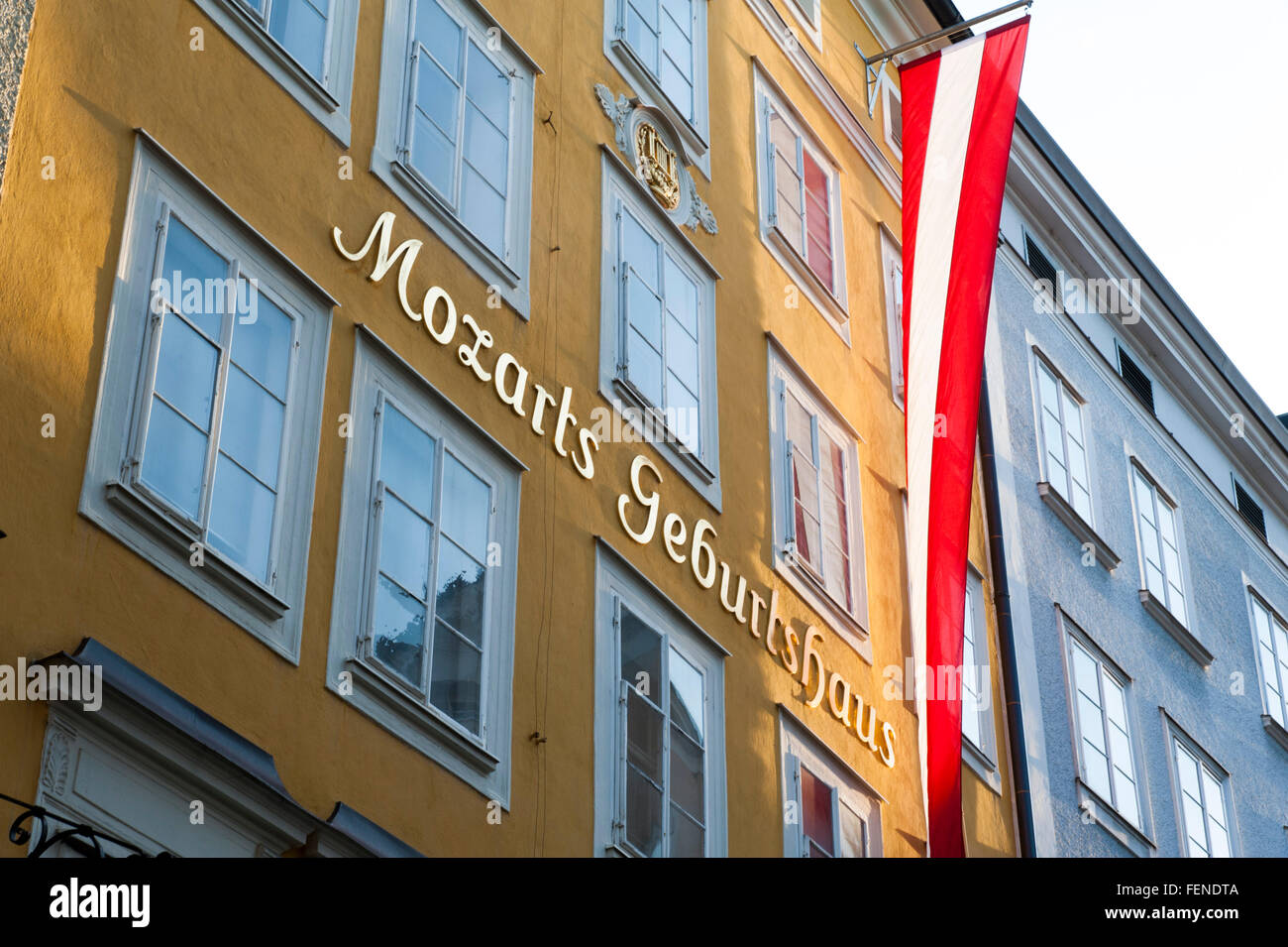 Mozarts Geburtshaus, Getreidegasse, das historische Zentrum der Stadt Salzburg, ein UNESCO-Weltkulturerbe, Österreich Stockfoto