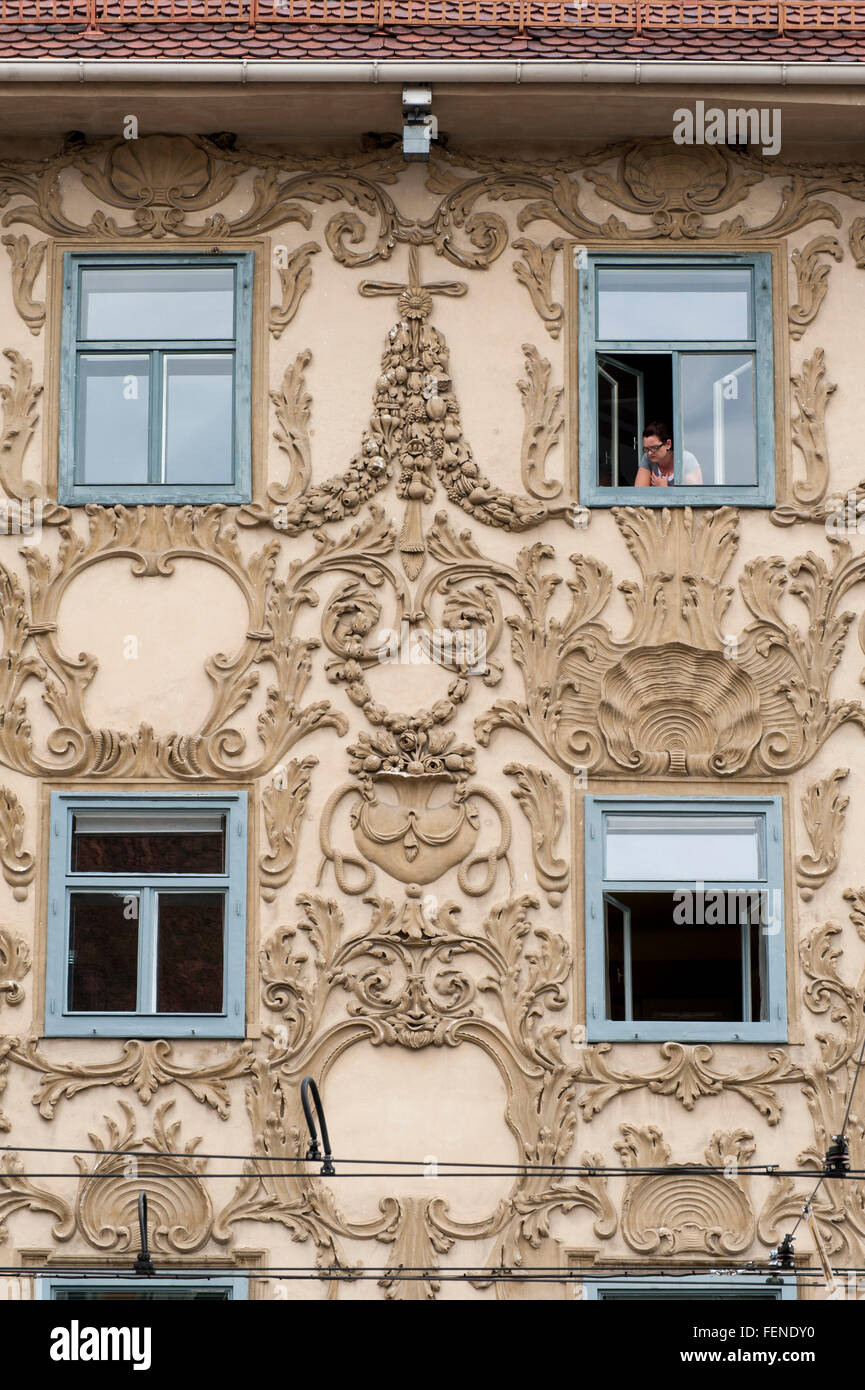 Stuck-Fassade Laufhaus, Herrengasse, UNESCO-Weltkulturerbe Stadt Graz - Altstadt, Steiermark, Austria Stockfoto