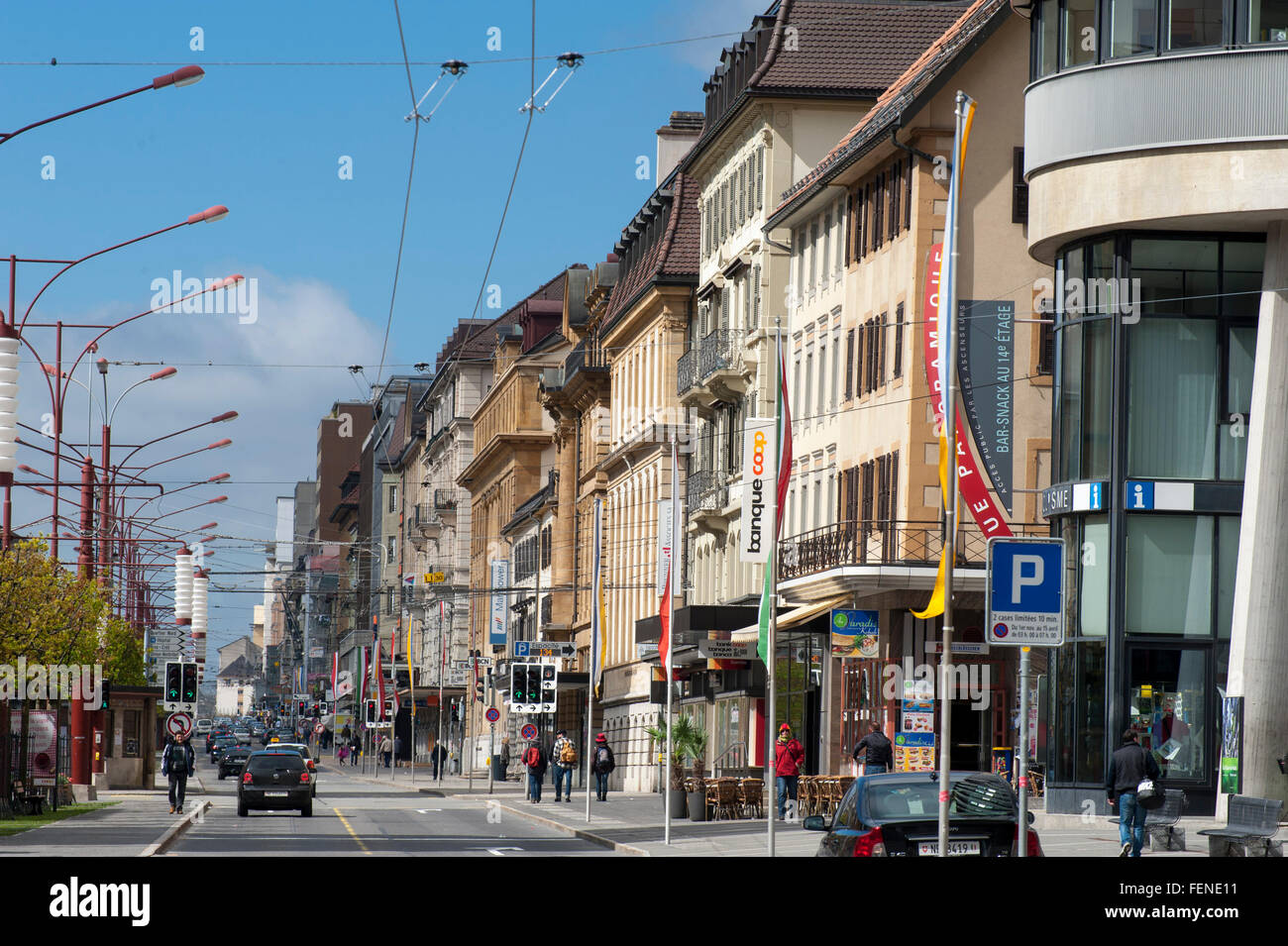 Hauptstraße von La Chaux-de-Fonds, ein UNESCO-World Heritage Site La Chaux-de-Fonds / Le Locle, Uhrmacherei Stadtplanung, Kanton o Stockfoto