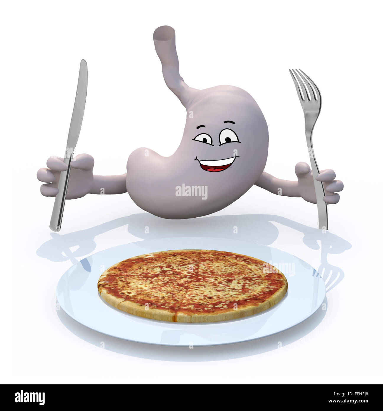 menschlichen Stomac mit Armen und Besteck auf der Seite vorne auf Spaghetti- Teller, 3d illustration Stockfotografie - Alamy