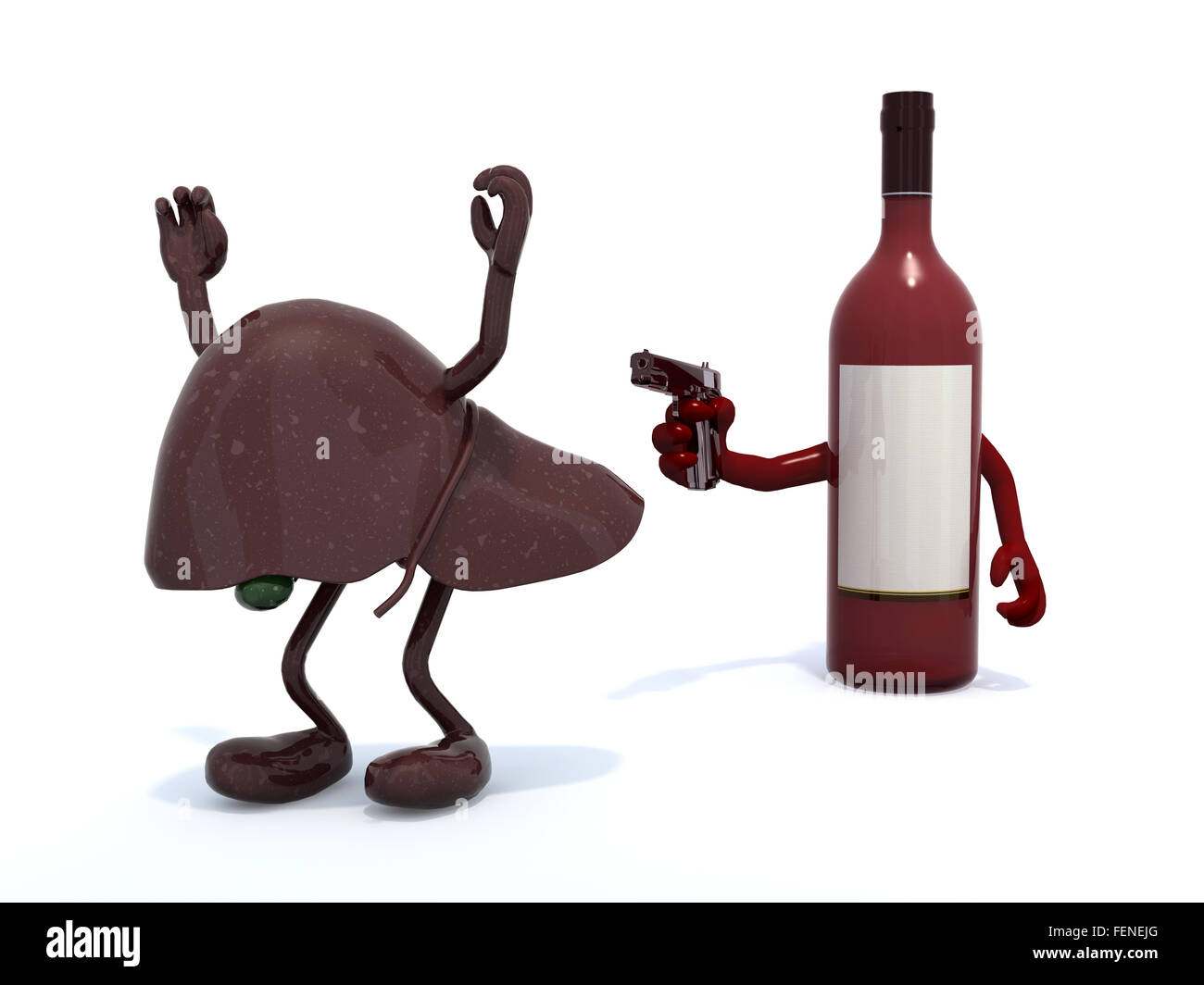 Flasche Rotwein mit Armen schwingt Pistole an die menschliche Leber, 3d illustration Stockfoto