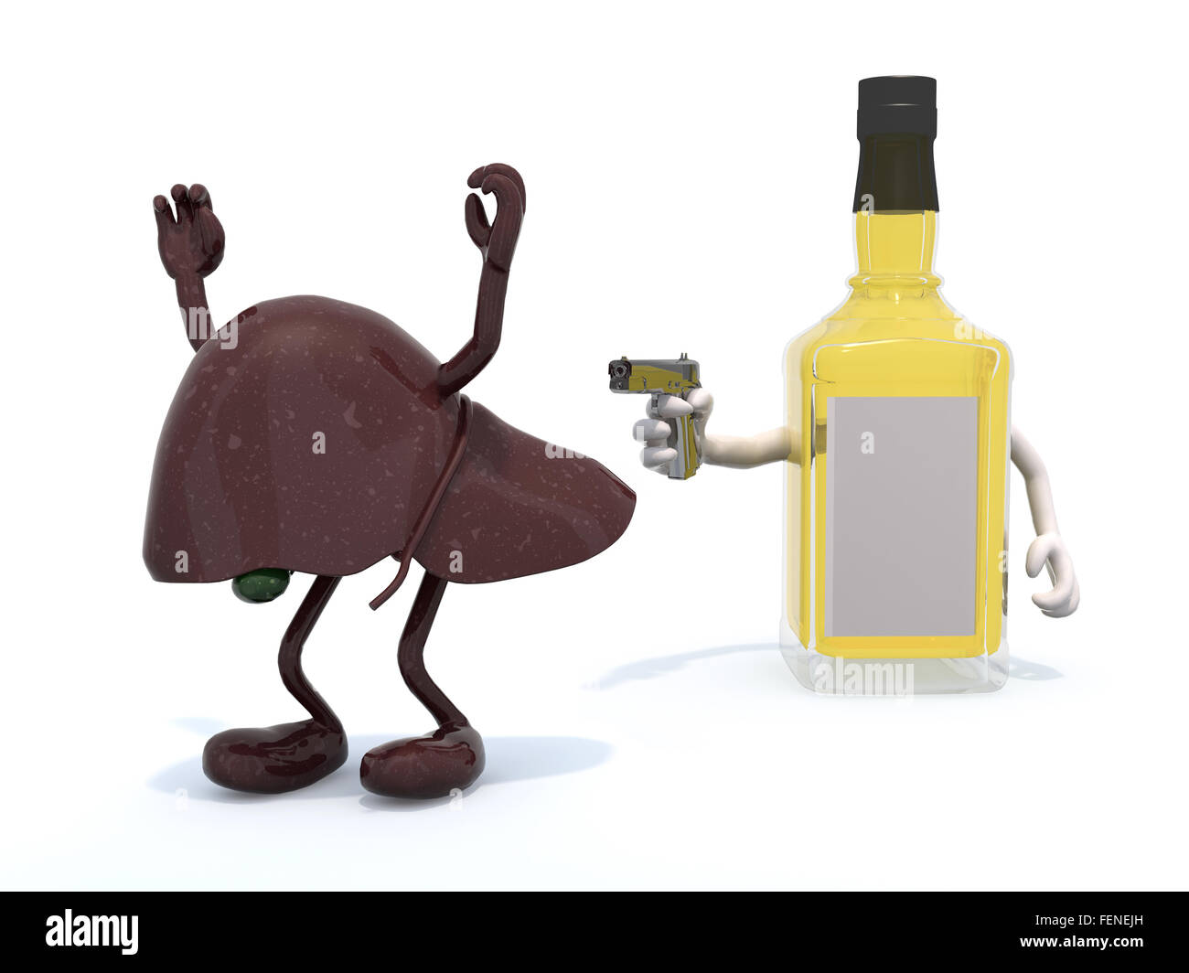 Whisky-Flasche mit Armen schwingt Pistole an die menschliche Leber, 3d illustration Stockfoto