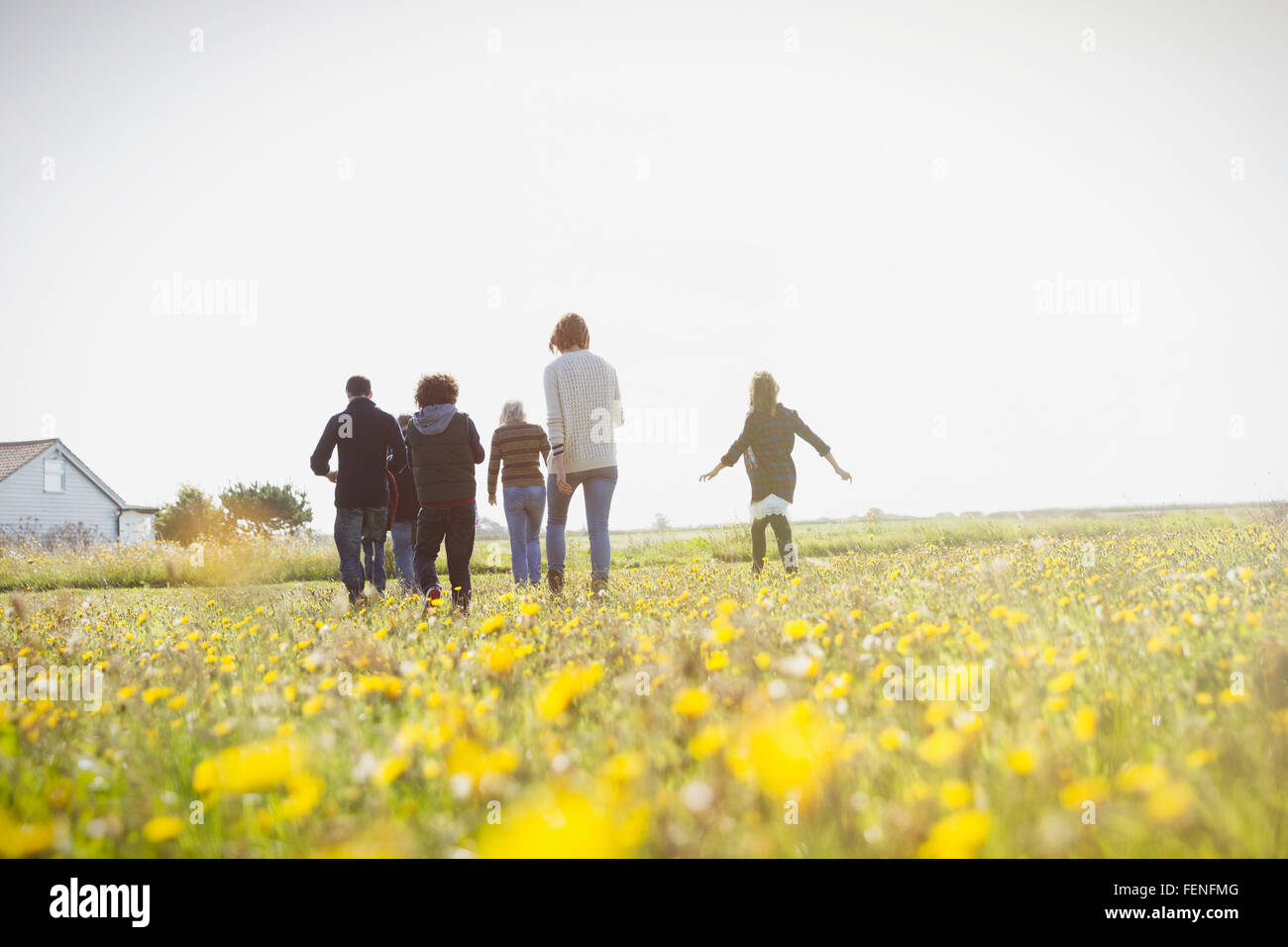 Mehr-Generationen-Familie Wandern in sonnige Wiese mit Wildblumen Stockfoto