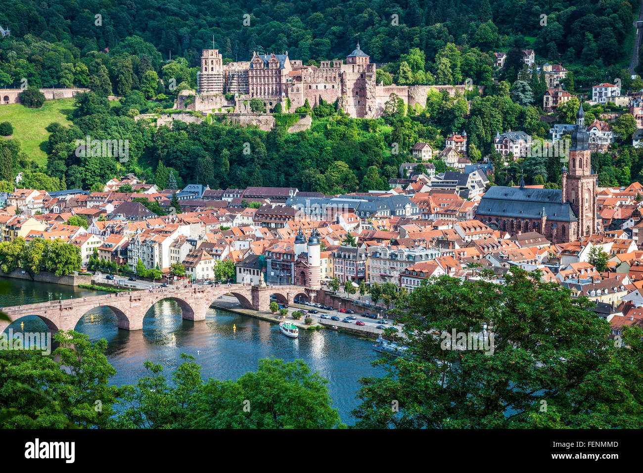 Blick über Heidelberg Altstadt, Schloss, Kirche und Brücke. Stockfoto