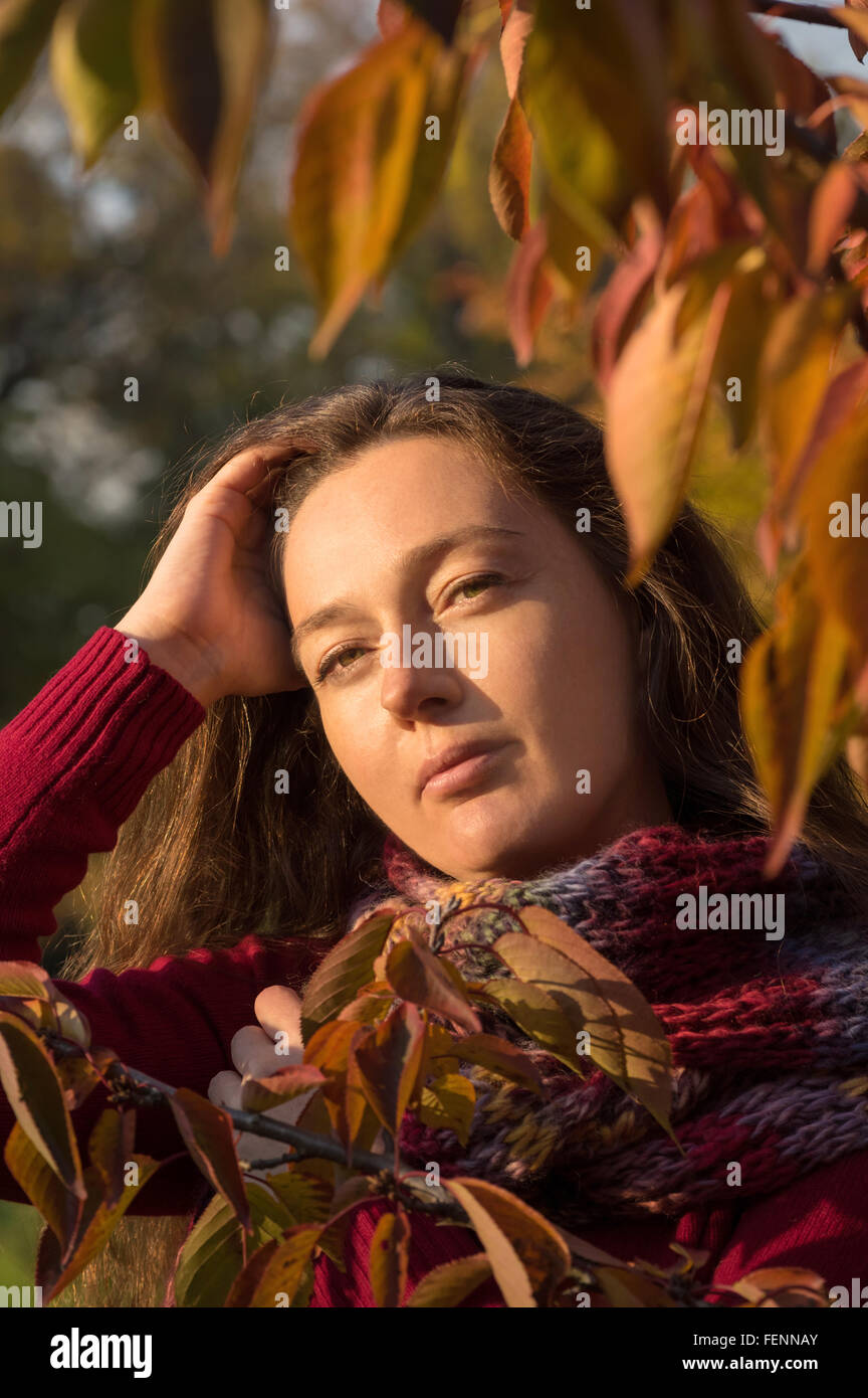 Frau mit braunen Haaren im herbstlichen Wald. Mit roten Pullover und Schal bunt gekleidet. Stockfoto