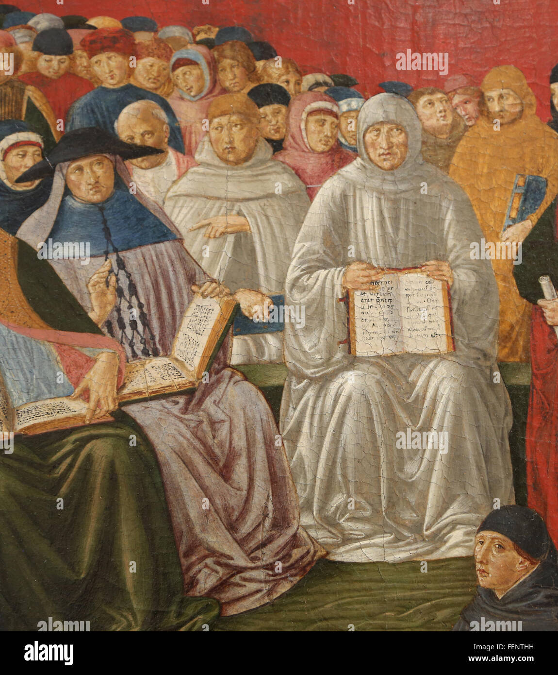 Triumph des Hl. Thomas von Aquin, 1475. Gruppe von geistlichen zwischen des Papstes Sixtus IV) (1414-1484). Benozo Gozzoli (1420-1497). Stockfoto