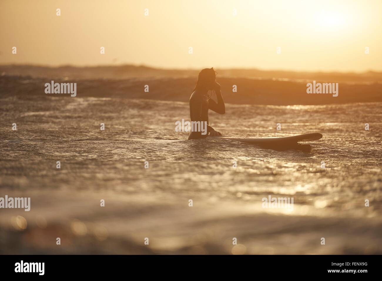 Silhouette des jungen männlichen Surfer und Surfbrett im Meer, Devon, England, UK Stockfoto