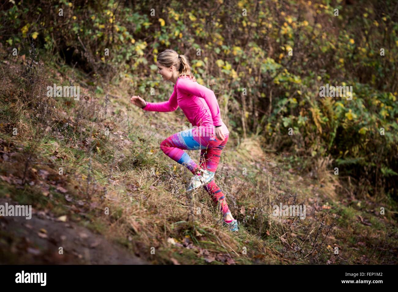 Seitenansicht des jungen Damen tragen Sport tragen bergauf laufen Stockfoto