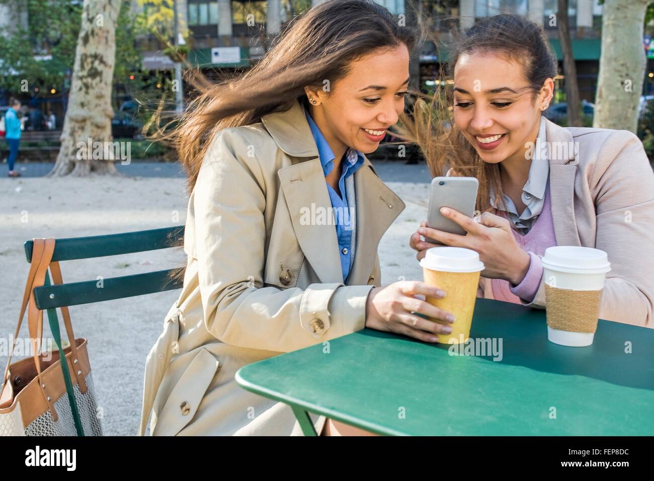 Junge Erwachsene weibliche Zwillinge mit Kaffee zum Mitnehmen lesen Smartphone Texte im Stadtpark Stockfoto