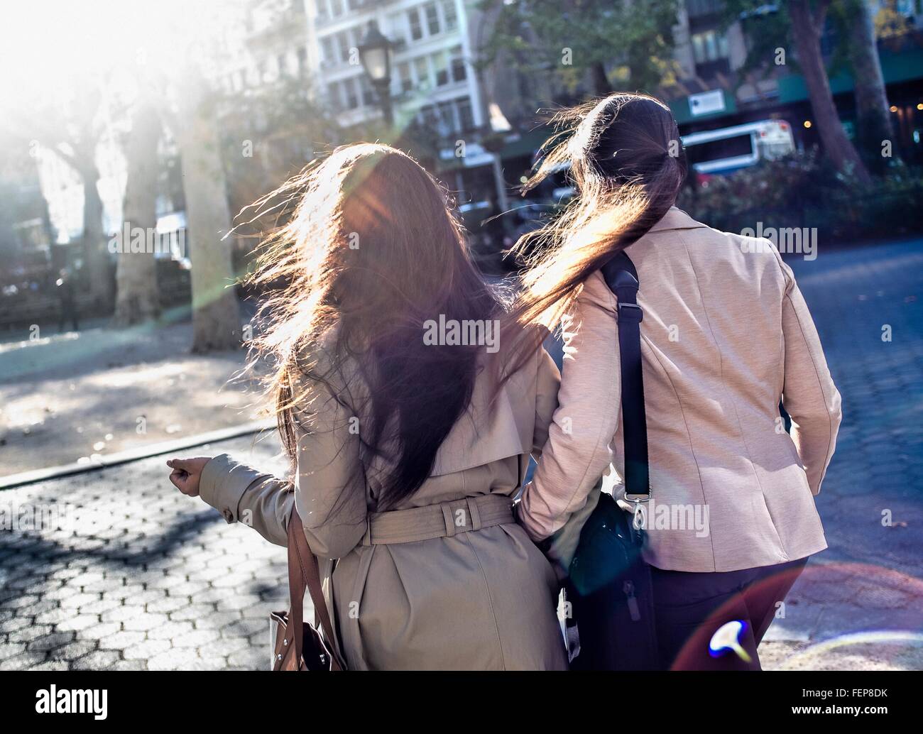 Rückansicht des jungen Erwachsenen weiblichen Zwillingen zu Fuß durch den Stadtpark Stockfoto