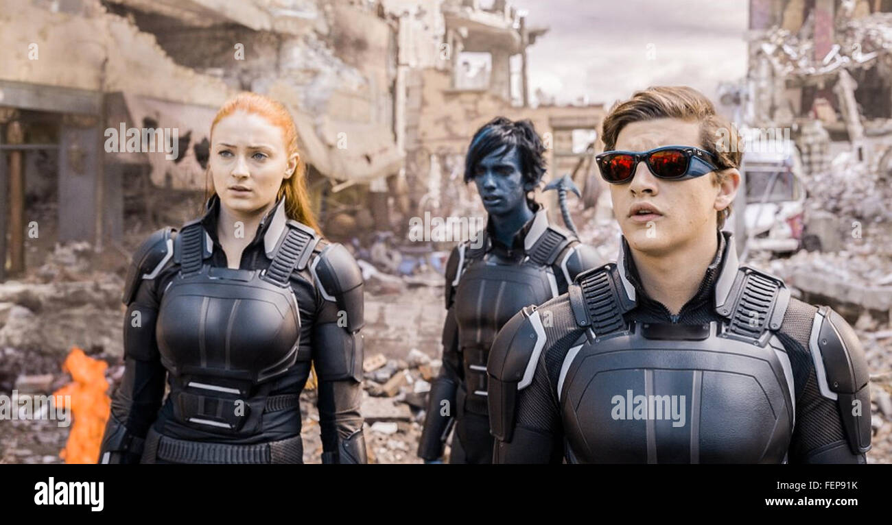 X-MEN: Apokalypse 2016 des zwanzigsten Jahrhunderts Fox/Marvel Filme Produktion mit von links: Sophie Turner, Tye Sheridan, Kodi Smit-McPhee Stockfoto