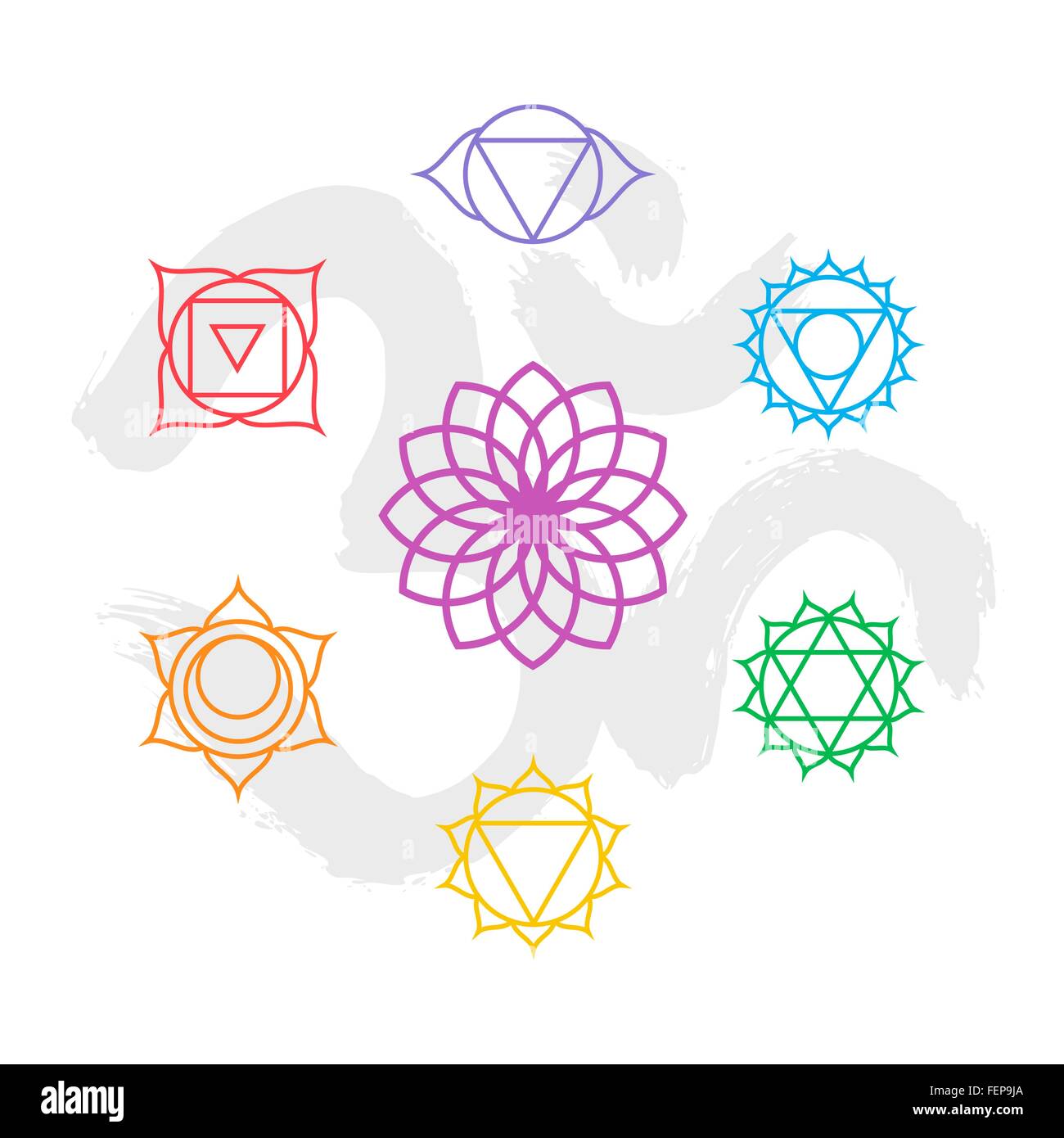 Satz von einfachen Umriss Chakra Symbole mit Om handgemachte Kalligraphie Hintergrund. EPS10 Vektor. Stock Vektor