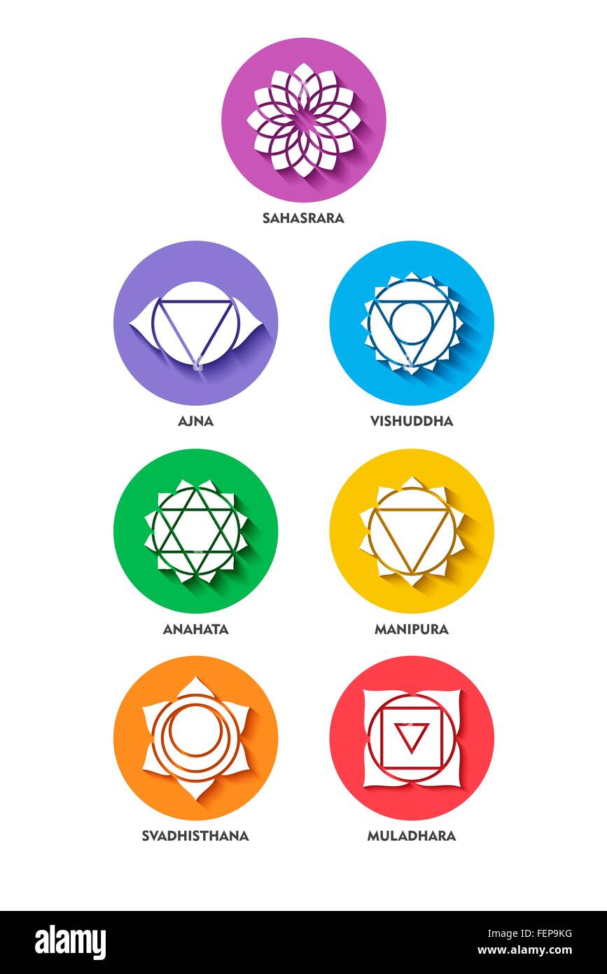 Reihe von bunten Chakra Yoga Icons in einfachen flachen Stil mit Schlagschatteneffekt isoliert. EPS10 Vektor. Stock Vektor