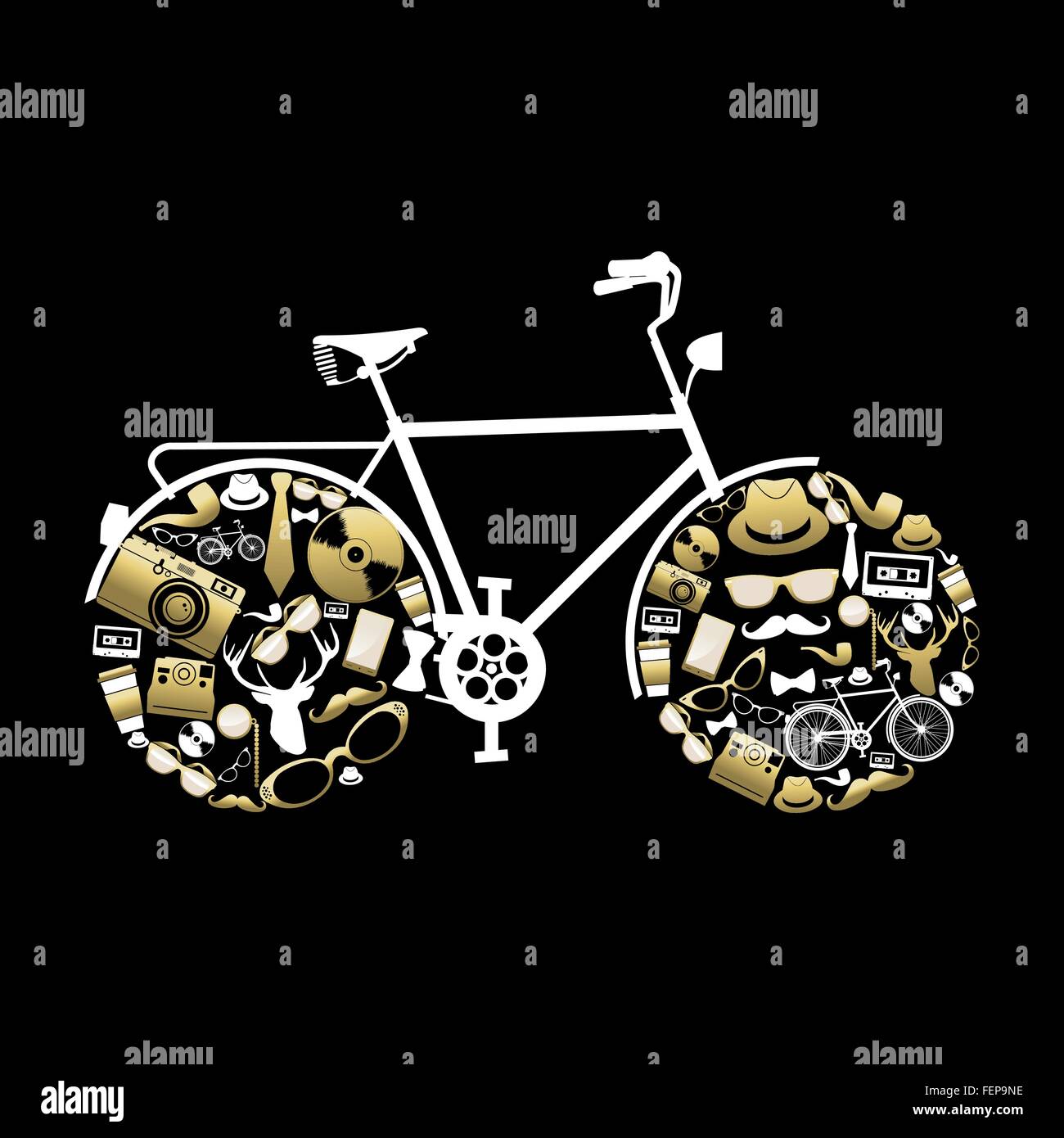 Fahrrad-Konzept Silhouette mit Hipster Vintage Symbole in gold Farbe als Räder. Hirsch, Hut, Brille, Schnurrbart und vieles mehr umfasst. Stock Vektor